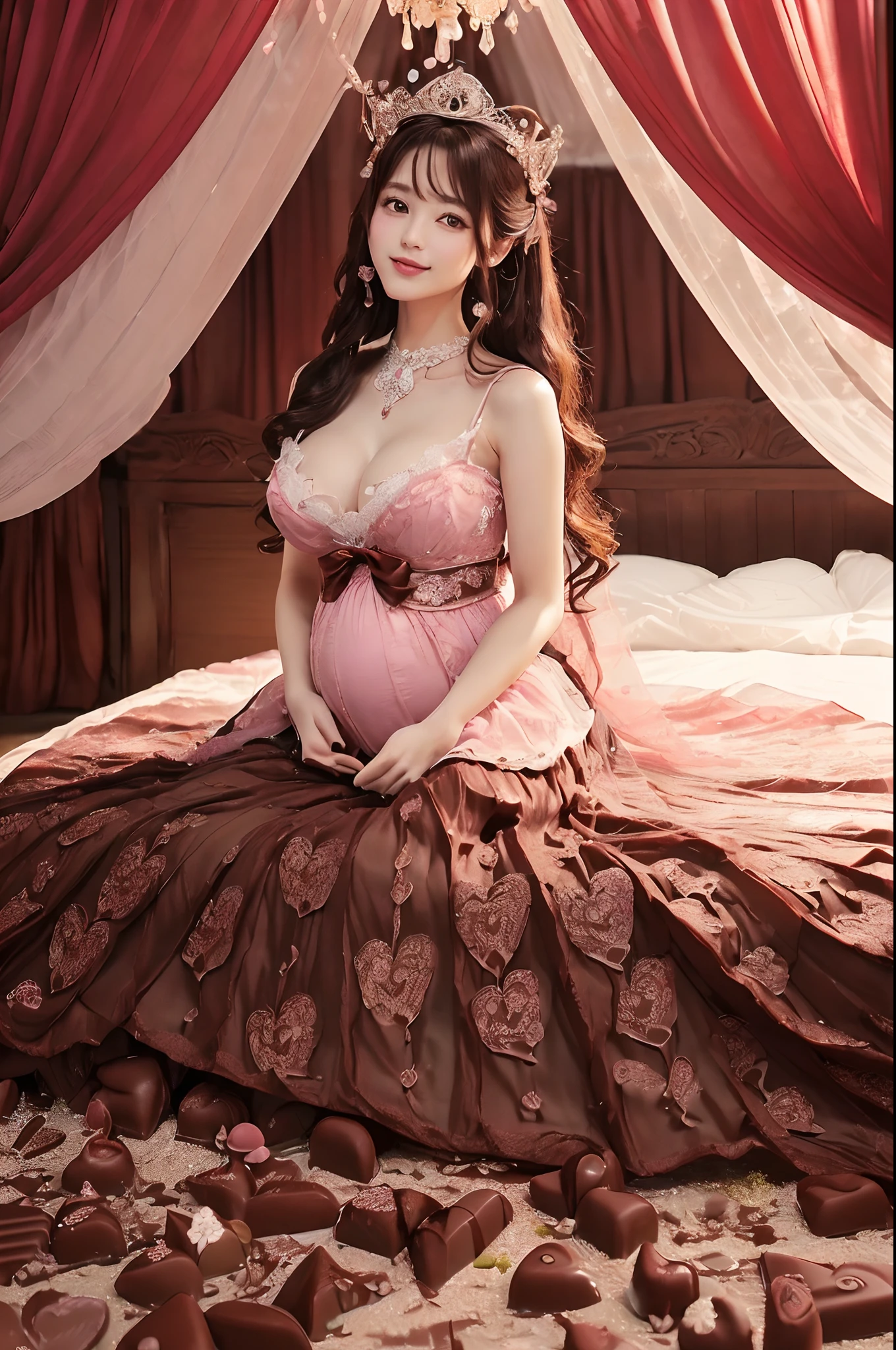 (((One Princess,Japan Princess,princess sitting on bed,More about the princess,Get closer to the princess,Get an up-close look at the princess,The perfect body of a princess,Lots of big heart chocolates,Everything is made of chocolate,Chocolate for the heart))),((((Fairytale Valentine's Day,Chocolate Curtains,Shot from close to the princess,Detailed princess face,Fairy tale Valentine's Princess,Valentine's Day Design Dresses,Chocolate Decoration,Artistic decoration of chocolate,,Chocolate Decoration,The whole thing has a Valentine's Day vibe,Chocolate bed like a fairy tale,Everything in the room is chocolate,Chocolate Canopy Bed,Fairy tale canopy bed,Pink and chocolate canopy bed,Precise canopy,Giant bed with a roof,A room made of chocolate,)))),((The most beautiful faces in Japan,Shooting from the knee up,Detailed face with perfect makeup,Big heart symbol,It's a camera eye,large full breasts,The Biggest Smile,Looking at the camera,Pregnancy,long)),(((Love Fantasy,Love romance,Highly detailed and complex background,the complex background,细致背景,Perfectly recreate the image of Valentine's Day,Bright lighting,Highly saturated)))),((,Perfect fingers,perfect arms,细致背景,top-quality,The ultra -The high-definition,Perfect Anatomy,high-definition RAW color photography,professional photograpy, extremely delicate and beautiful, Extremely detailed,finely detail, Huge file size,Top image quality,8K,Award-Winning Works,masutepiece)