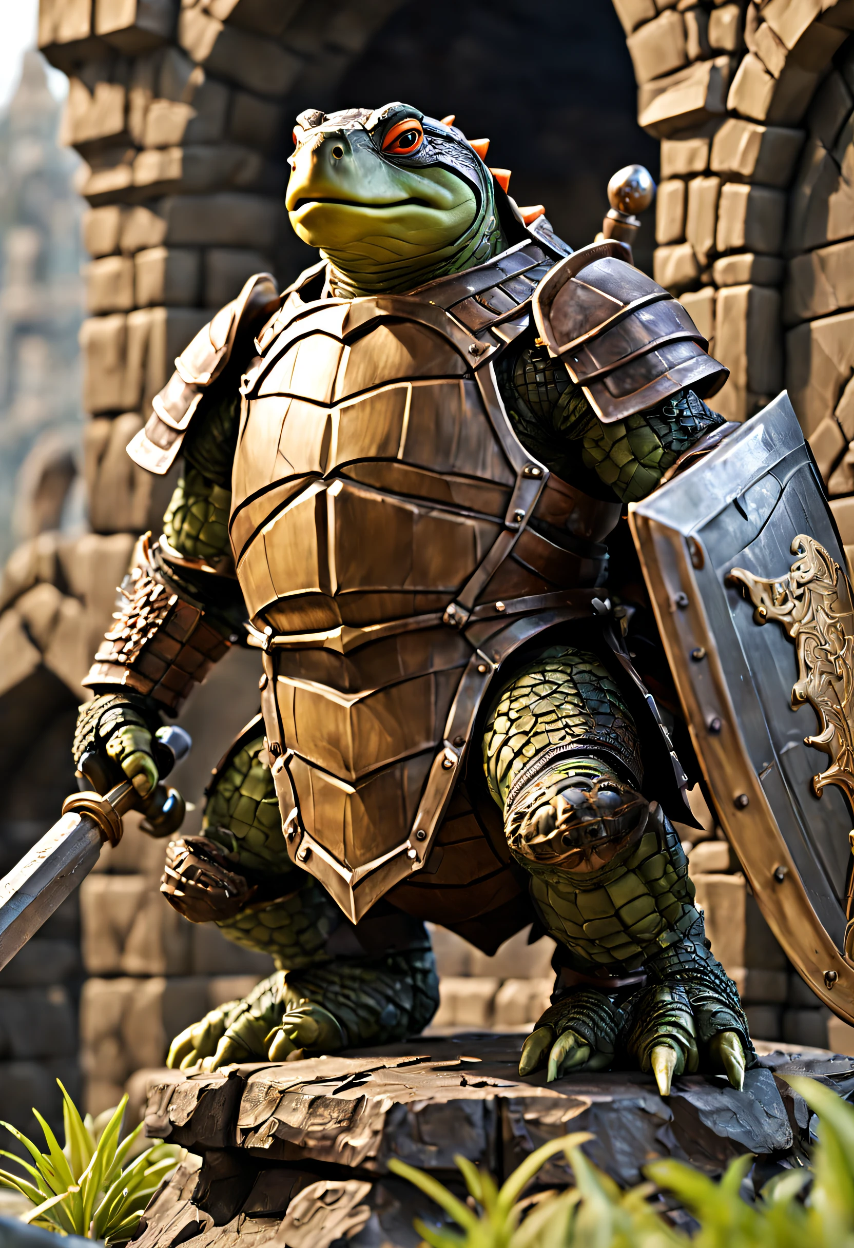 full body Esbian、Cool brown crocodile turtle、Villain Turtle、figurine、Knight Armor、Holding a large shield in both hands、diorama、symple background、Fortress background、masterpiece, Best Quality, Capture super cute moments, depth of fields, ultra-detailliert, Ultra High Resolution, Octadale, 8K, 16 K
