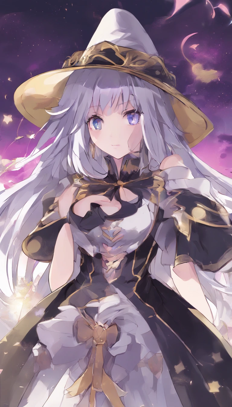 elaina_(majo_no_tabitabi), masterful, masterpiece, 4k,, 1girl, feminine, beautiful, a-cup, grey hair, big magical hat + black on the top and purple on the inside, blue eyes, white shirt, yellow ribbon, black robe,, kawaii, looking at viewer, slight smile, magical girl, background medieval Europe,