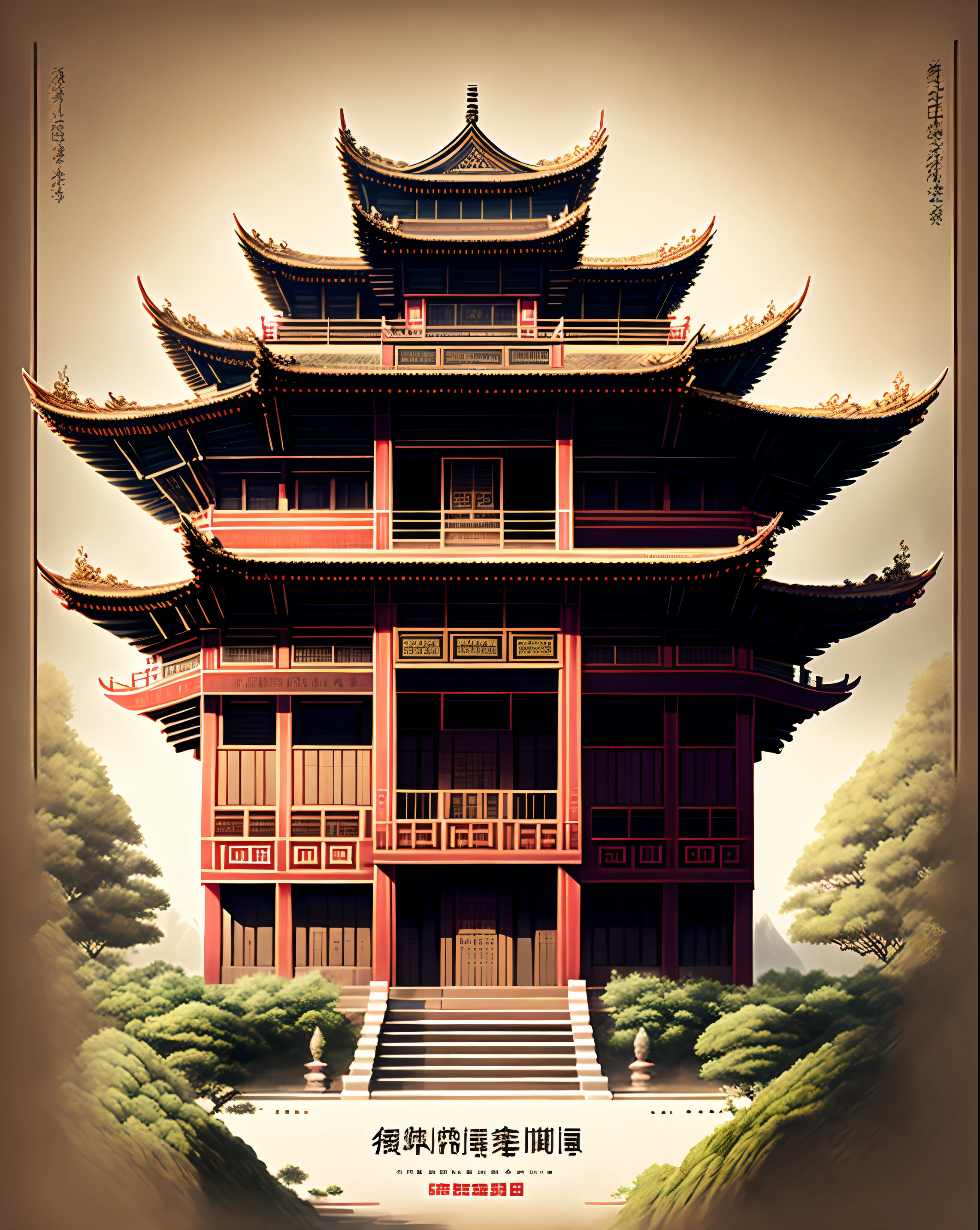 Chinese palace of the Tang Dynasty,wonderland,surrounded by cloud,Far perspective,3D,China-style,Reddish yellow tones