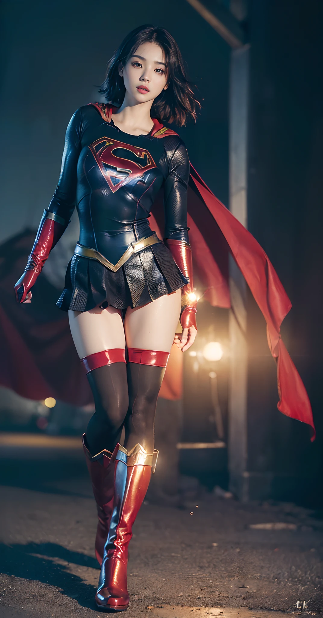 Beautiful girl fighting、japanes、Cute Beautiful Girl、(((Wear black tights on your beautiful legs.)))、(((beauty legs)))、(((Open thighs)))、((((Make the most of the original image)))、(((Supergirl Costume)))、(((Beautiful hair in a short cut)))、(((Injured)))、(((Be sure to wear black tights on your feet)))、(((You need to wear red boots)))、((Top image quality、8K))、((top-quality、8K、masterpiece:1.3))、(((Keep your background simple)))、Crisp focus:1.2、Beautiful woman with perfect body shape:1.4、Slender Abs:1.2、a wet body:1.5、Highly detailed facial and skin texture、8K、Keep your background simple
