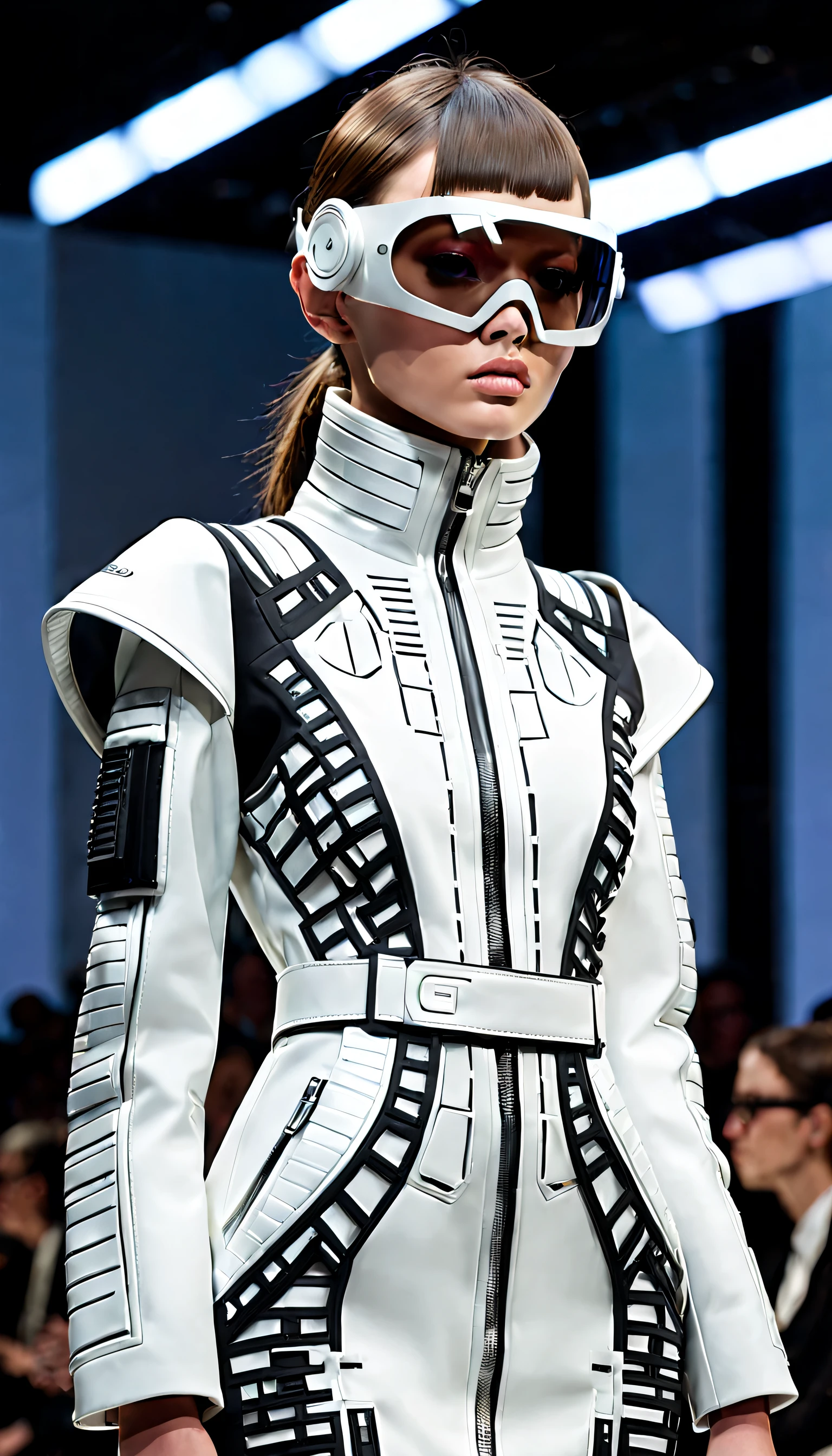 In a futuristic, dystopian world, a high-end fashion show takes place where each model is sponsored by a different corporation and their features are meticulously crafted and manipulated to represent the brand's image. With intricate details and bold statements, these hyper-realistic, corporate-controlled individuals showcase elegant attire that embodies the power and influence of the companies that have engineered them.