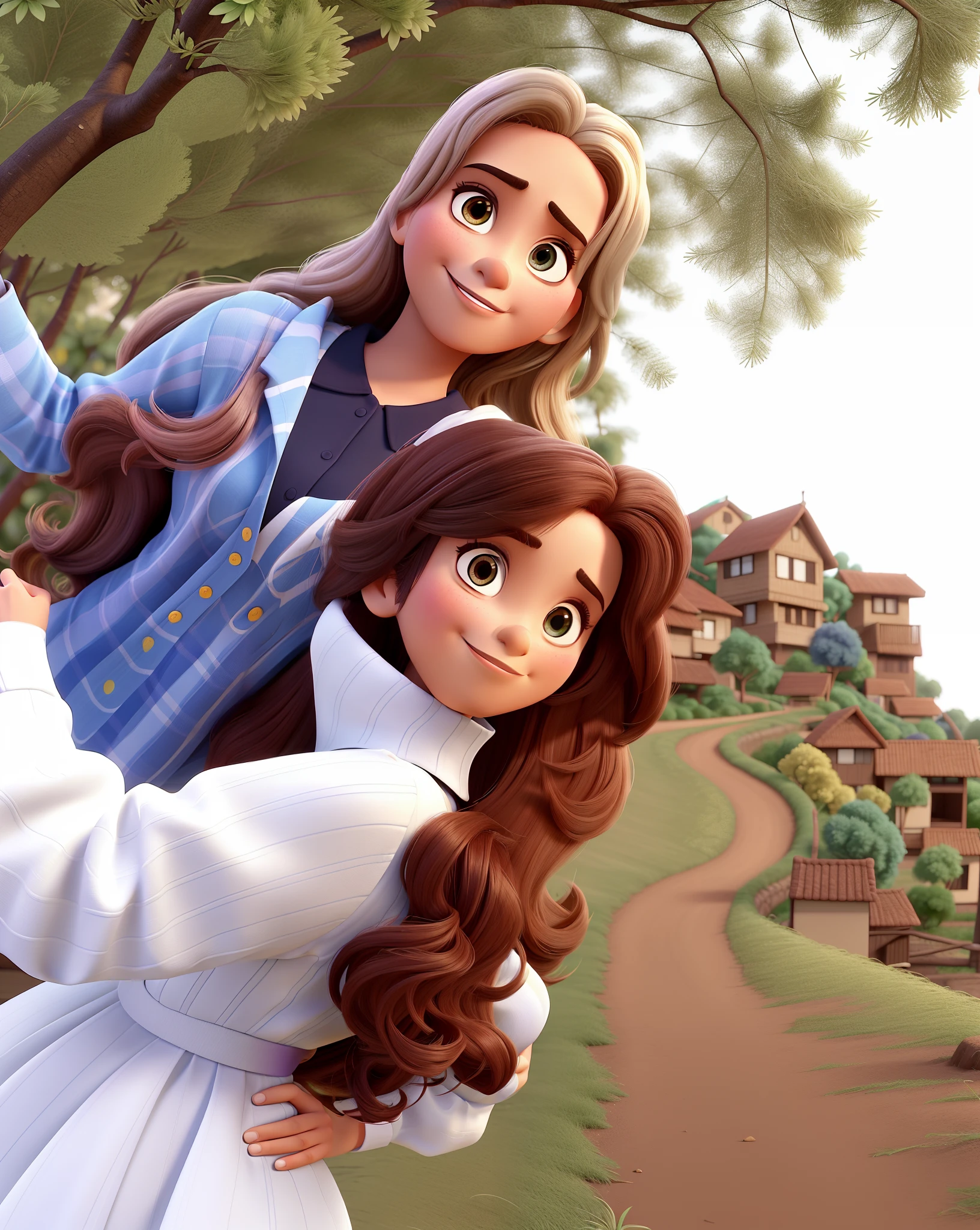 Classic Pixar-style image of a 31-year-old Brazilian woman, transgender, cabelos longos, cabelo escuro da sobrancelha, suavemente encaracolado. Ela segura seu marido europeu jovem de 24 anos.