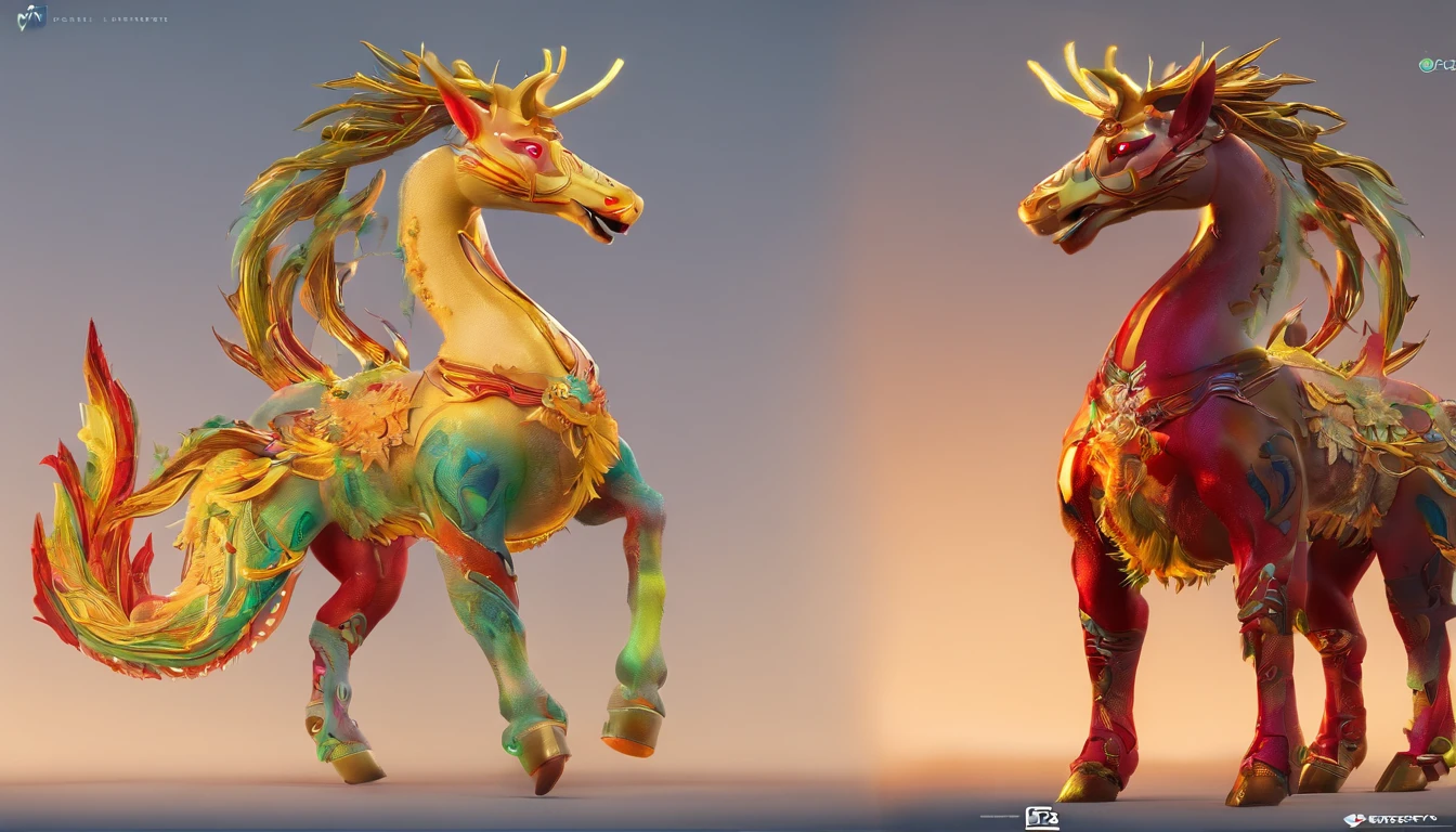 Anthropomorphic Kirin, anthropomorphism. Kirin is a legendary mythical creature with the body of a horse or deer, the head of a dragon, the horns of a deer, the scales of a fish, and the tail of a lion, among other features. It is depicted with a golden and red color scheme, lively and vivid imagery, a white background, C4D,3D effects, DC rendering, and Unreal Engine 5.