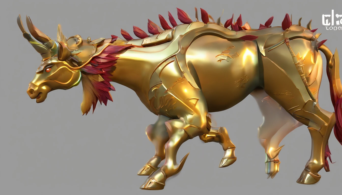 Anthropomorphic Kirin, anthropomorphism. Kirin is a legendary mythical creature with the body of a horse or deer, the head of a dragon, the horns of a deer, the scales of a fish, and the tail of a lion, among other features. It is depicted with a golden and red color scheme, lively and vivid imagery, a white background, C4D,3D effects, DC rendering, and Unreal Engine 5.