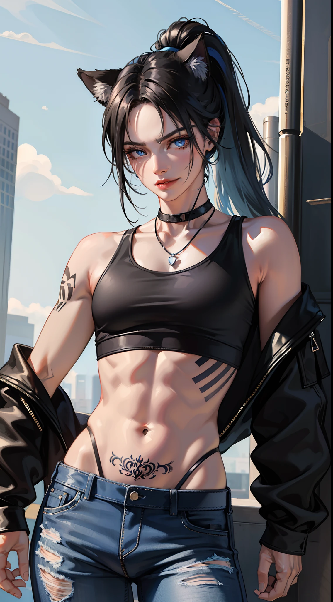 Grown-up guy, Short black hair with blue strands, high ponytail, cat ears, blue eyes, musculature, smirk, black tank top, Jeans, fetters, Silver elements, tattoo, Scars, Blue Flame, zipper, Masterpiece, hiquality, 4k, HD, Good detail