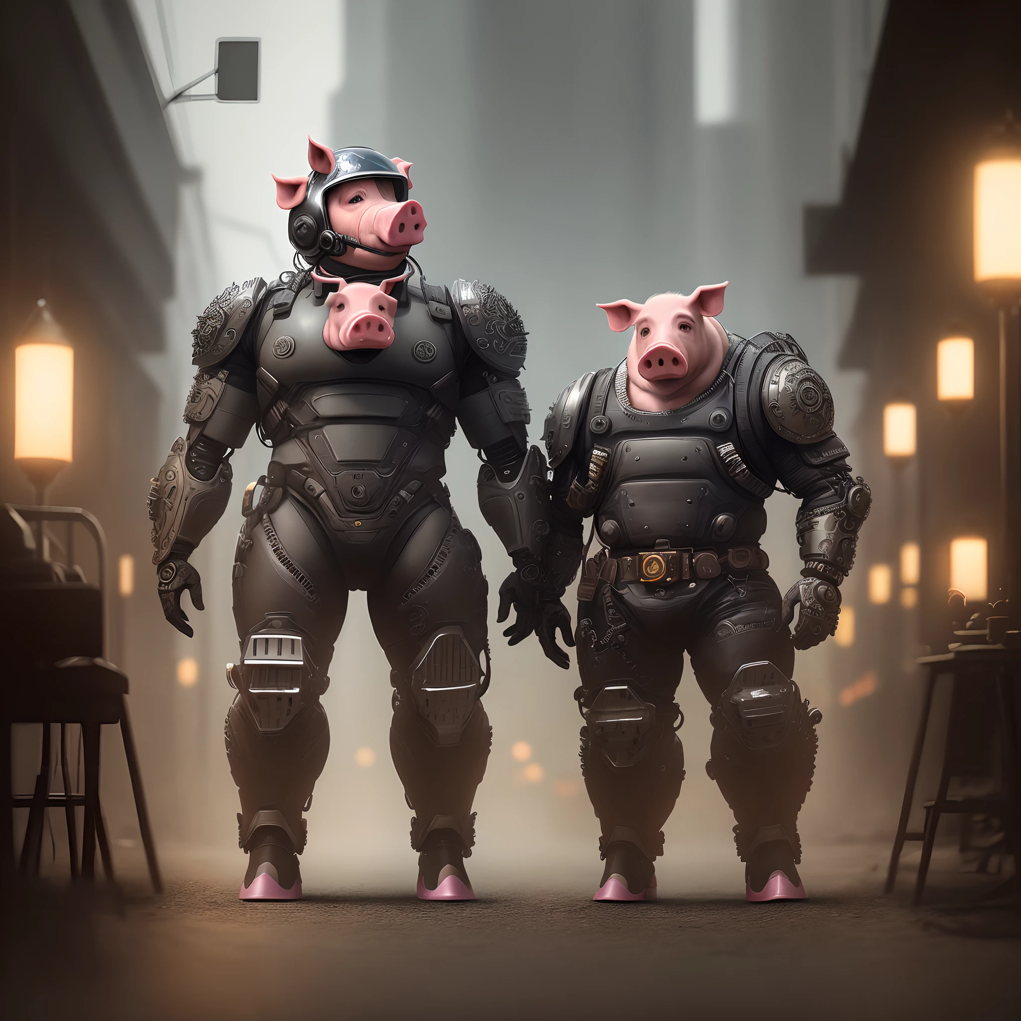 Tips: Three views, full body shots, game character design, gluttonous pig bajie, dark series, sunglasses, orange background,-- AR 16:12 - stylistic expression