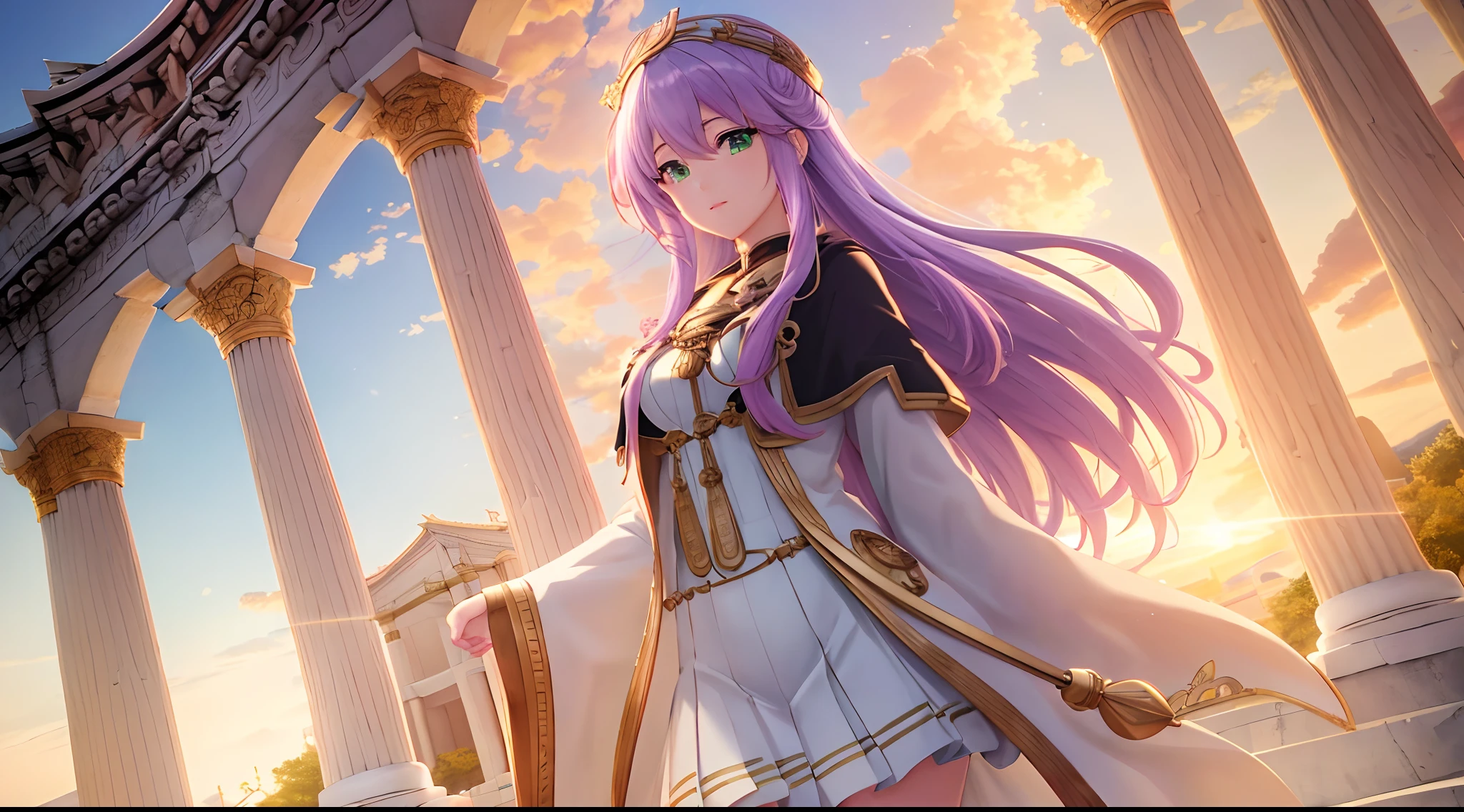 Athena with plain long light purple hair,hair between eyes,green eyes,rosy cheeks,full lips,thin eyebrows,slender body,wearing golden coat and full long skirt,cute anime girl,full body,golden athens temple in background,anime style,Lumen Reflections,Screen Space Reflections,Diffraction Grading,Chromatic Aberration,GB Displacement,Scan Lines,Ray Traced,Anti-Aliasing,FXAA,TXAA,RTX,SSAO,Shaders,OpenGL-Shaders, GLSL-Shaders,Post Processing,Post-Production,cell Shading,Tone Mapping,CGI,VFX,SFX,insanely detailed and intricate, 4K,standing, solo, masterpiece, best quality, detailed face, detailed eyes, highres, standing, solo,masterpiece, best quality
