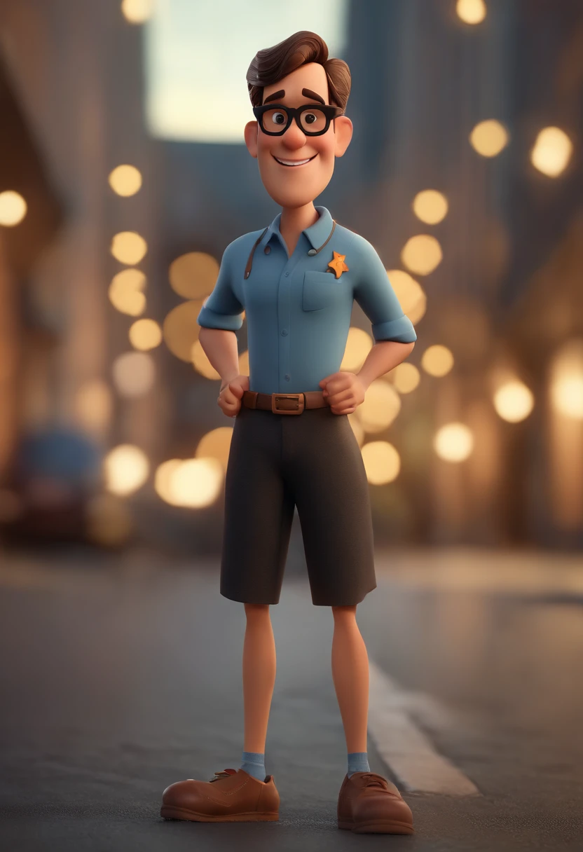 Cartoon character of a man wearing black glasses and a blue shirt, um personagem animado, Caractere estilizado, animation style rendering, 3D estilizado, Arnold Maya render, 3 d render stylized, toon render keyshot, Personagem 3D, Personagem 3D, 3d rendering stylized, 3 d character render, personagem de desenho animado, Personagem de close up, Pose de personagem, (Estilo Pixar) (master part:1.2) (Bokeh) (best quality) (pele detalhada) (textura detalhada) (8k) (argila) (Cinematic lighting) (foco nítido，Senta e vaza a parte superior do corpo