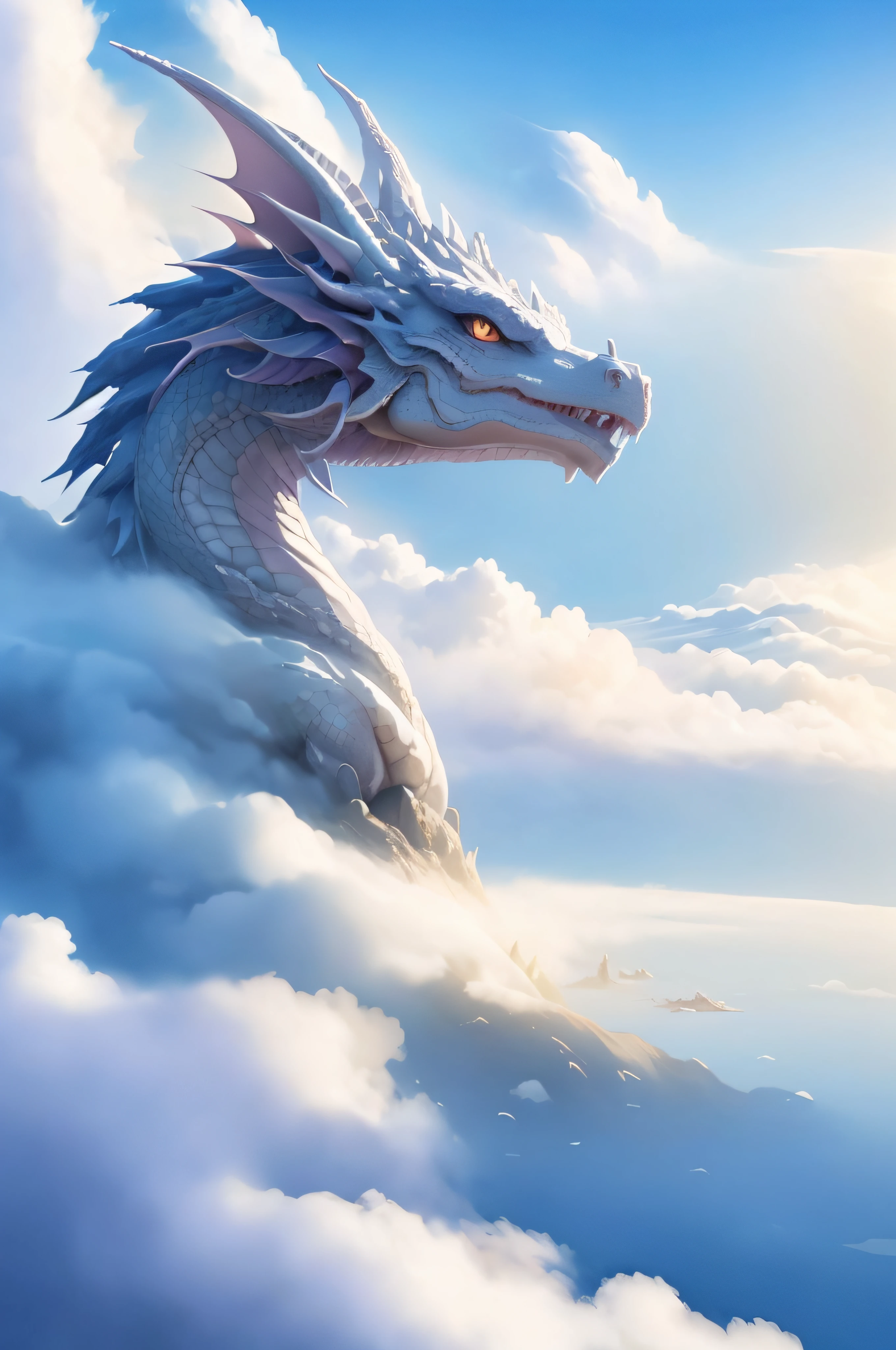 there is a dragon that is sitting on a cloud in the sky, a dragon made of clouds, dragon portrait, dragon in the sky, portrait of a dragon, cloud in the shape of a dragon, dragon flying in the sky, dragon flying in sky, dragon art, giant dragon flying in the sky, epic dragon, soft delicate draconic features, anthro dragon art