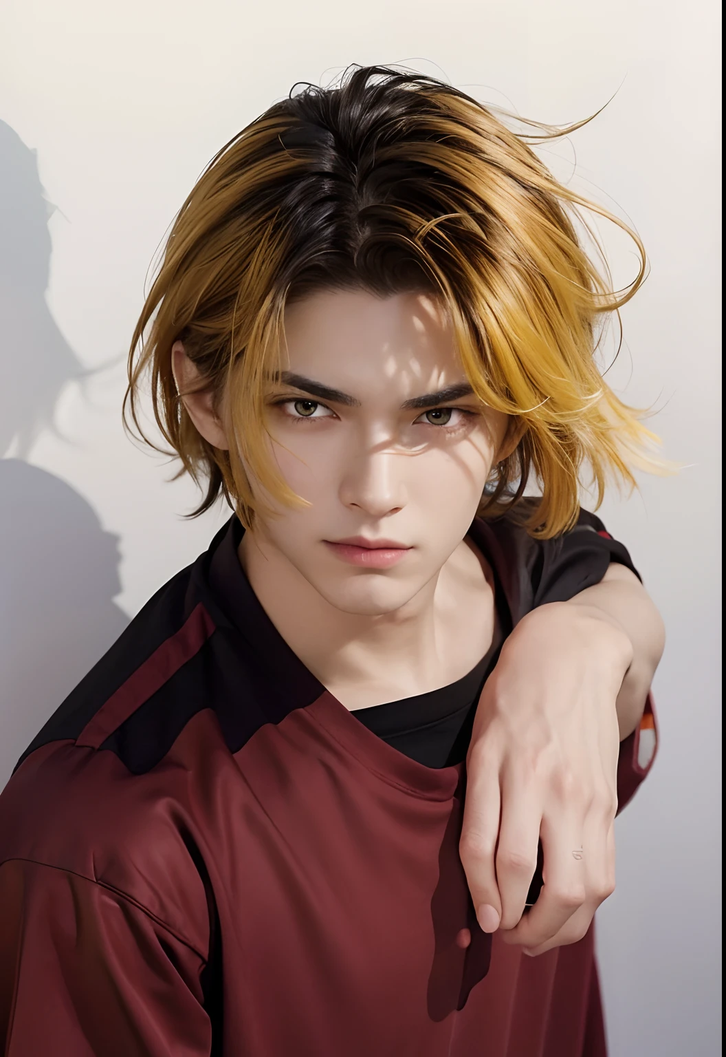 Man with realistic yellow and black hair, realistic yellow eyes, realistic handsome face, realistic cool expression, realistic sharp gaze, adapts exactly the same clothes,Realistic red sports t-shirt, realistic light, realistic shadows, realistic background