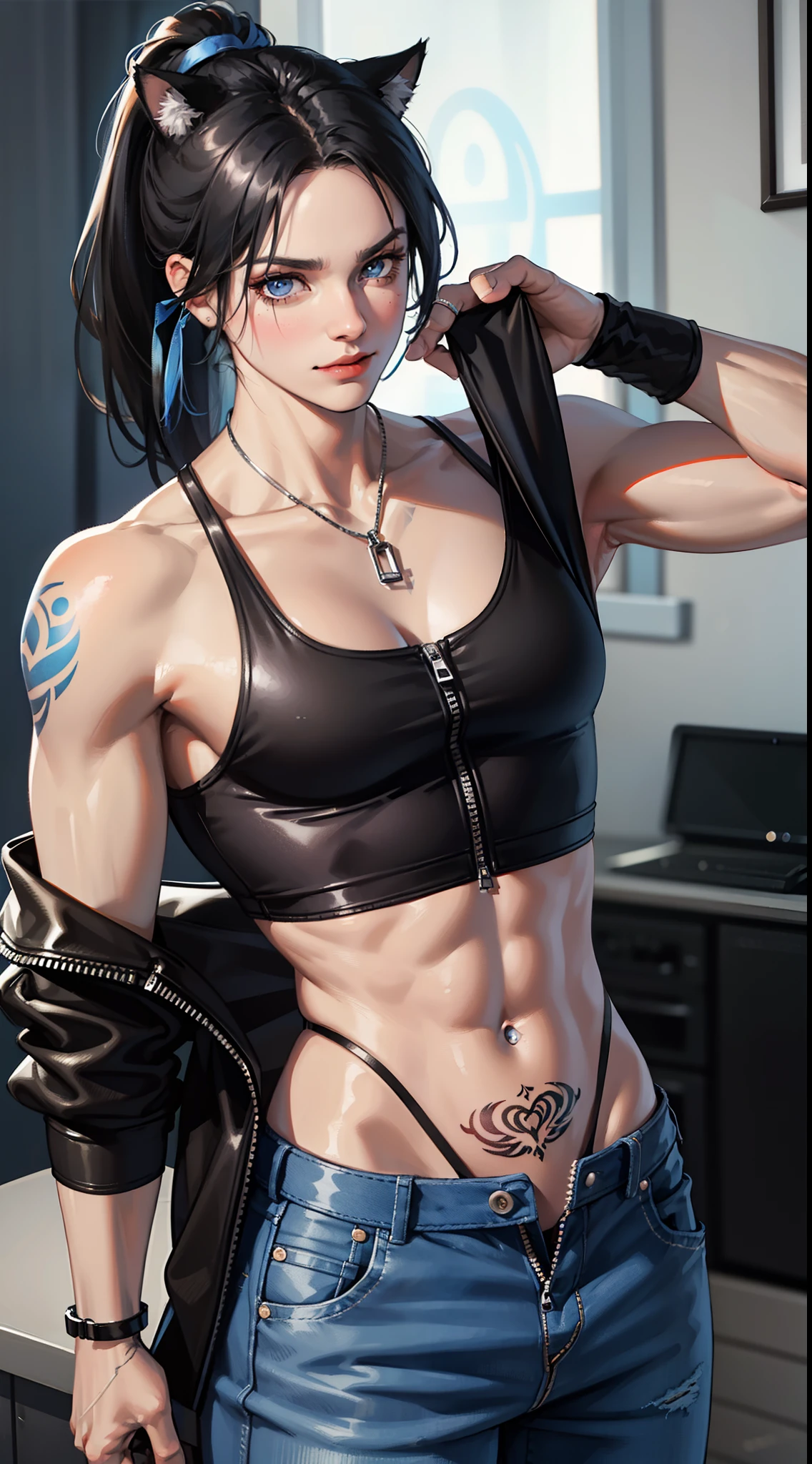 Grown-up guy, Short black hair with blue strands, high ponytail, cat ears, blue eyes, musculature, smirk, black tank top, Jeans, fetters, Silver elements, tattoo, Scars, Blue Flame, zipper, Masterpiece, hiquality, 4k, HD, Good detail