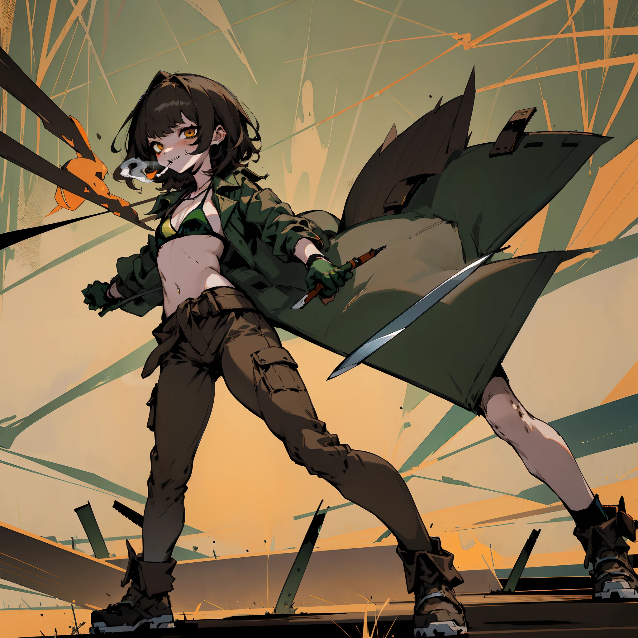 simplebackground，femele，Pokekid，Sexy body，Wearing a heavy green coat outside，Only a bikini was worn inside，Wearing motorcycle gloves，brown shorts，with short brown hair，red color eyes，Evil smile，Terrifying eyes，There are several throwing knives hanging from his waist，smoking girl，Full body like，Stand up，Golden eyes，Lots of detail，illustration，CG，quadratic element，high qulity，tmasterpiece，Cyberworld，jk style，smoking girl，bags under eyes,eyeliner,makeup
