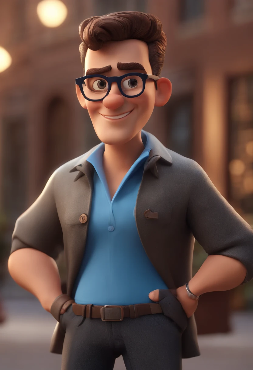 Cartoon character of a man with black glasses and a blue shirt, animation character, Caractere estilizado, animation style rendering, 3D estilizado, Arnold Maya render, 3 d render stylized, toon render keyshot, Personagem 3D, Personagem 3D, 3d rendering stylized, 3 d character render, personagem de desenho animado, Personagem de close up, Pose de personagem, (Estilo Pixar) (master part:1.2) (Bokeh) (best quality) (pele detalhada) (textura detalhada) (8k) (argila) (Cinematic lighting) (foco nítido