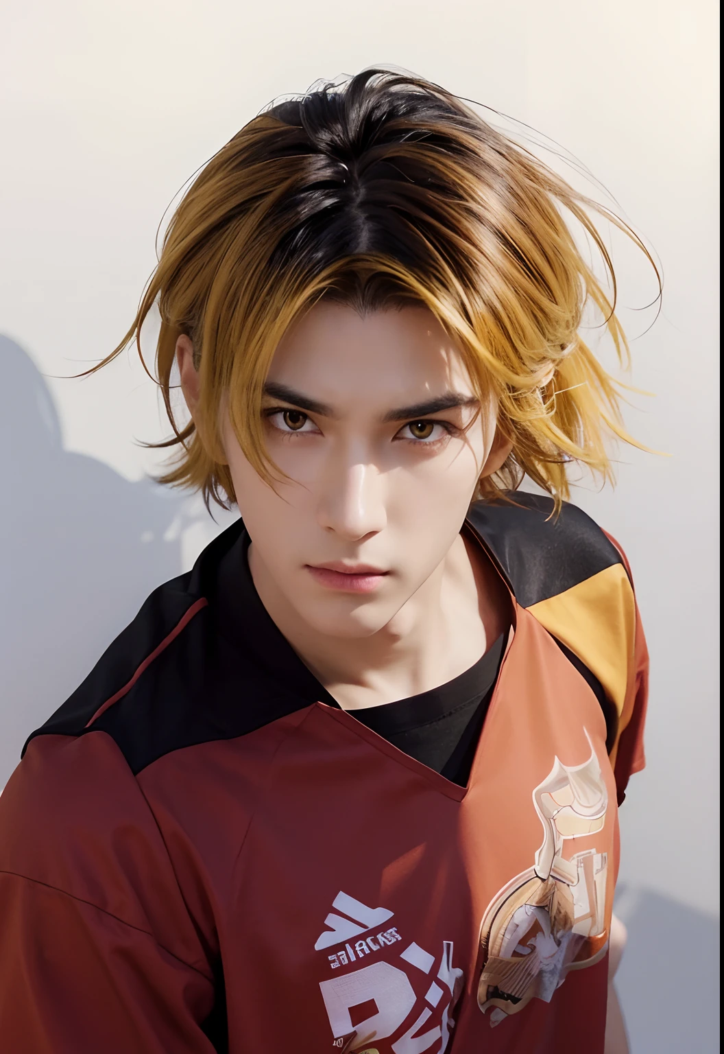 Man with realistic yellow and black hair, realistic yellow eyes, realistic handsome face, realistic cool expression, realistic sharp gaze, adapts exactly the same clothes,Realistic red sports t-shirt, realistic light, realistic shadows, realistic background