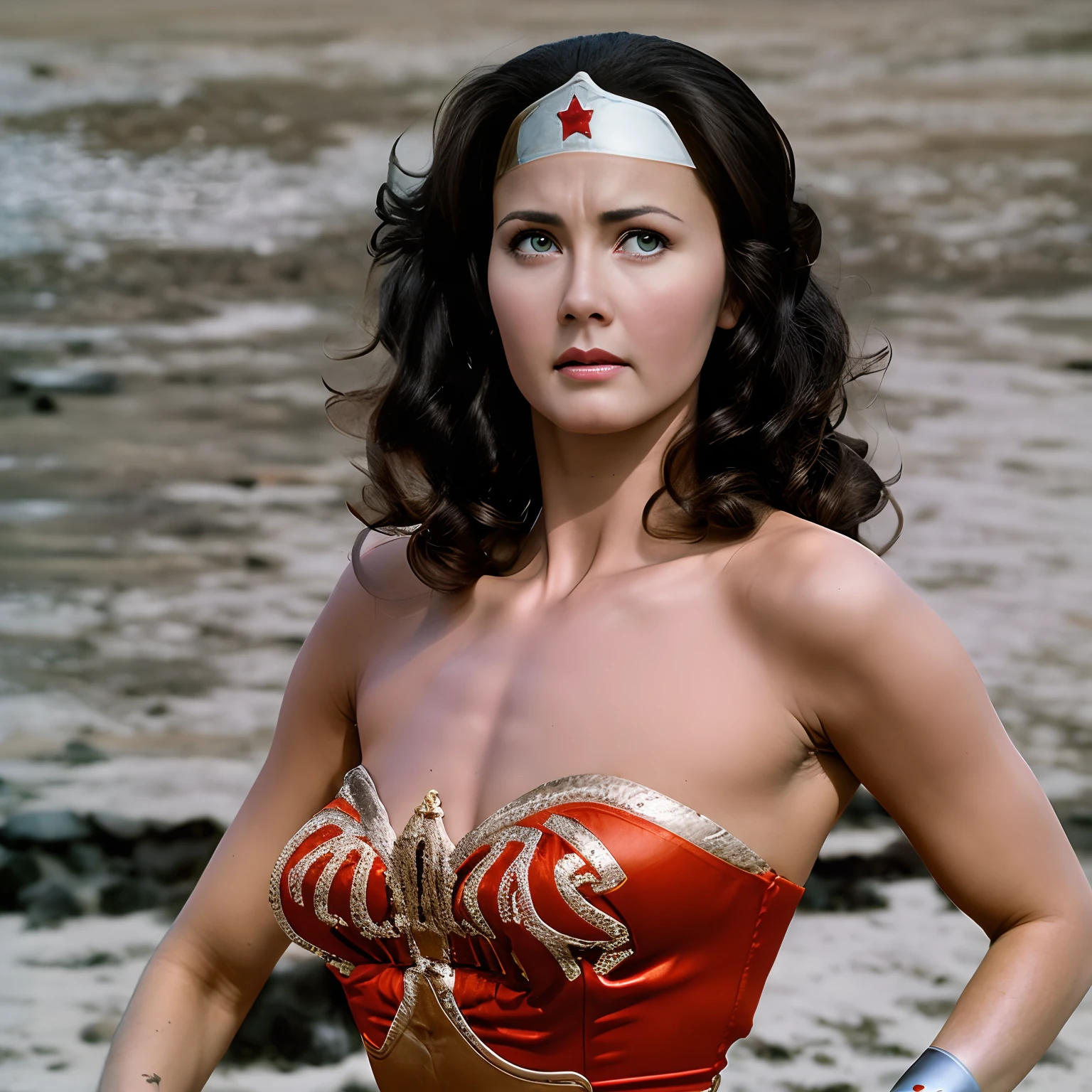 『top-quality』、『full-body view』『Linda Carter』、『full-body view』、『Full Body』、『Round and huge』、『TV Drama Wonder Woman:1.3』、「Wonder Woman in a swimsuit、take care of、Draw a picture of yourself standing in a pose。She's powerful、Has a confident look。In the background, It has a beautiful sea and sandy beaches.