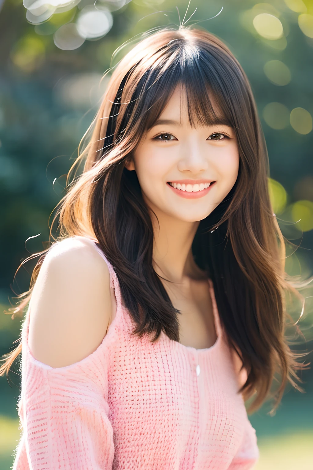 young beautiful japanese woman,, Light brown messy hair, Wearing a white dress and a light yellow-green cardigan, Perfect dynamic composition, Beautiful fine details, Fine hair, Detailed and realistic skin texture, Smiling with a gentle expression, Close-up portrait、Model Body Type