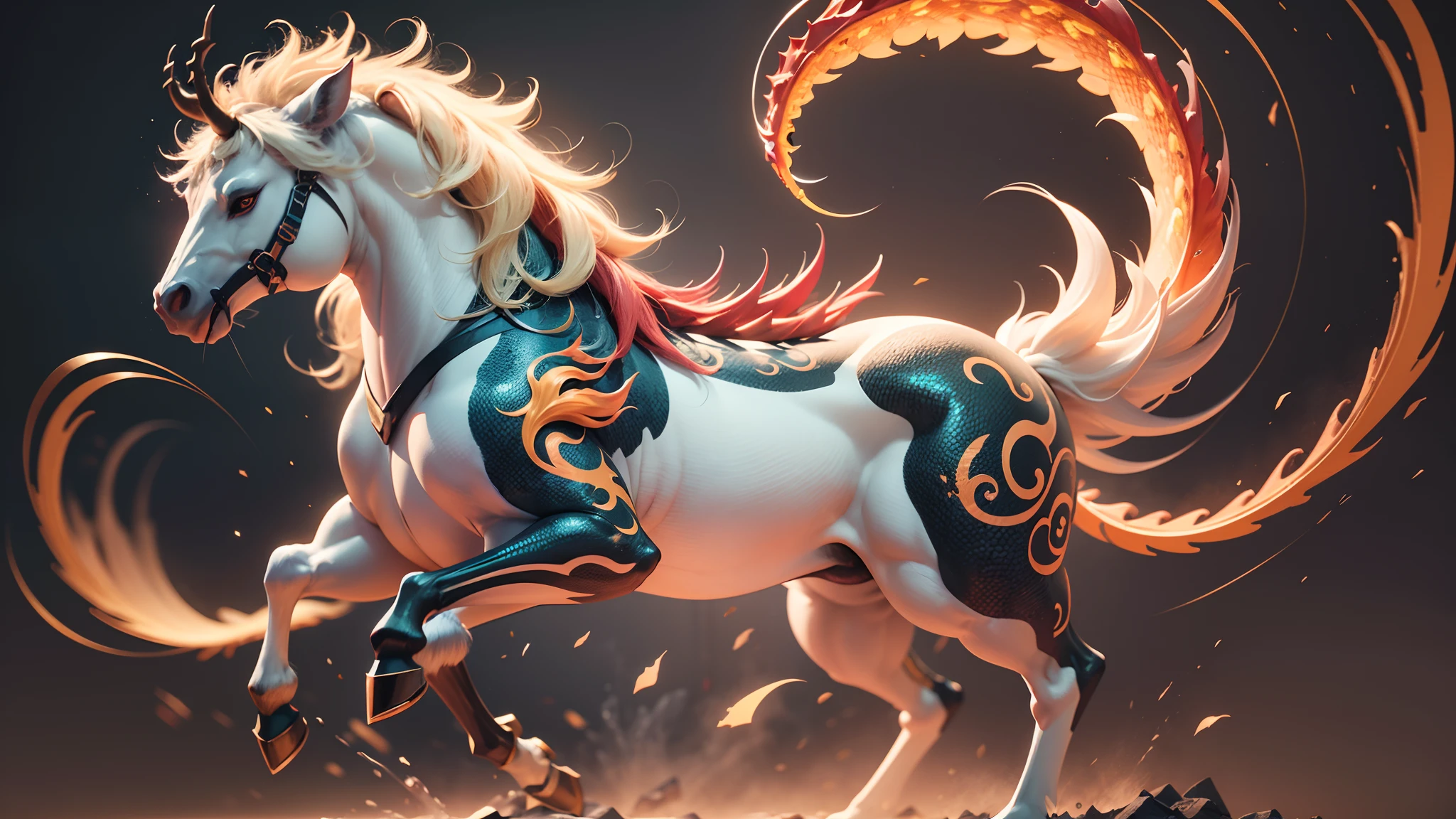 Anthropomorphic Kirin, anthropomorphism. Kirin is a legendary mythical creature with the body of a horse or deer, the head of a dragon, the horns of a deer, the scales of a fish, and the tail of a lion, among other features. It is depicted with a golden and red color scheme, lively and vivid imagery, a white background, C4D,3D effects, DC rendering, and Unreal Engine 5. --auto --s2