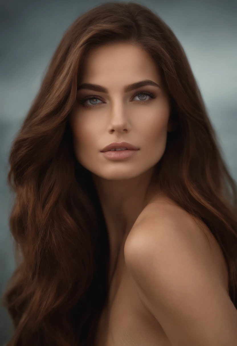 brown hair, hair over shoulder, hair over eyes, Surrealism, Verism, stereogram, cinematic lighting, Eye-Level Shot, UHD, textured skin, 16k