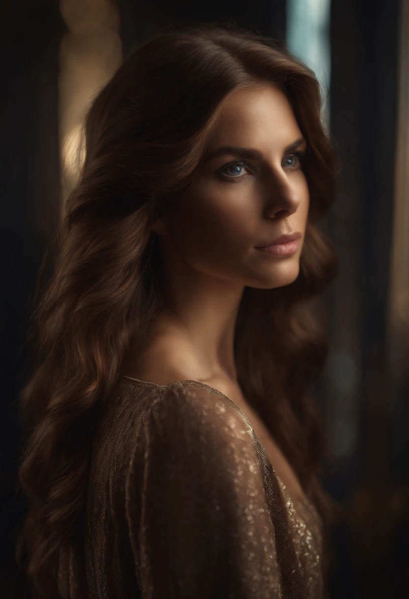 brown hair, hair over shoulder, hair over eyes, Surrealism, Verism, stereogram, cinematic lighting, Eye-Level Shot, UHD, textured skin, 16k