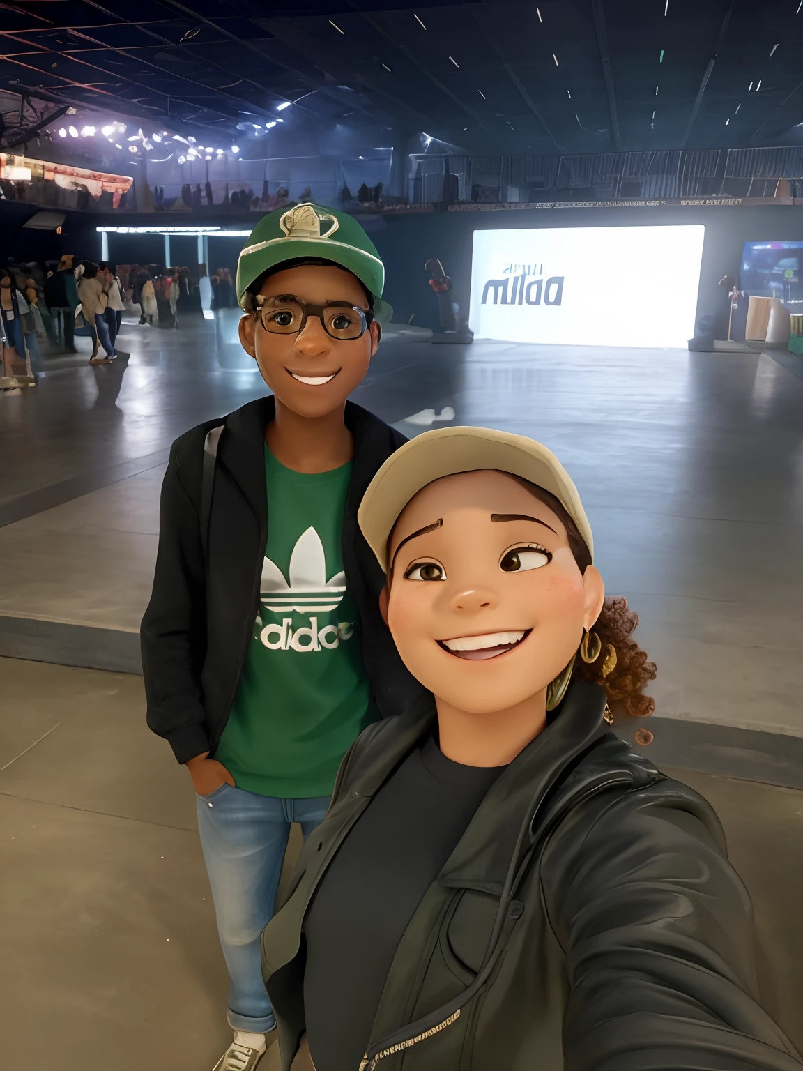 Create a Disney-Style Movie Poster with the Title; As aventuras de Lenon e Mari. On the poster we have a young woman smiling, with brown skin and curly hair wearing a cap, uma jaqueta preta, a black blouse with hoop earring and doing a self with a smiling boy wearing black prescription glasses, com uma camisa da adidas originals verde escuro, uma jaqueta preta, With his hand in his jeans pocket, Wearing a Riders Cap, at a Christian event with hundreds of people.