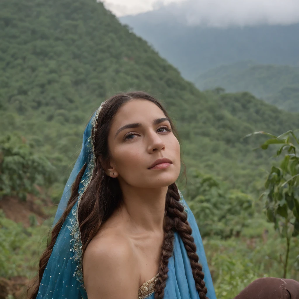 Cloudy day at dawn, una mujer ecuatoriana muy hermosa, What does she pose sitting in an amaca in the middle of a lush forest in the Amazon?, She is in a model pose and in the background you can see Ecuadorian mountains, lleva un vestido tradicional indigena su blusa de color blanco y una falda color azul, Her hair is braided with 2 trensas, And dewdrops of dew fall down her cheeks. There's fog surrounding it, alrededor hay rosas de colores y arreglos florales de geranios