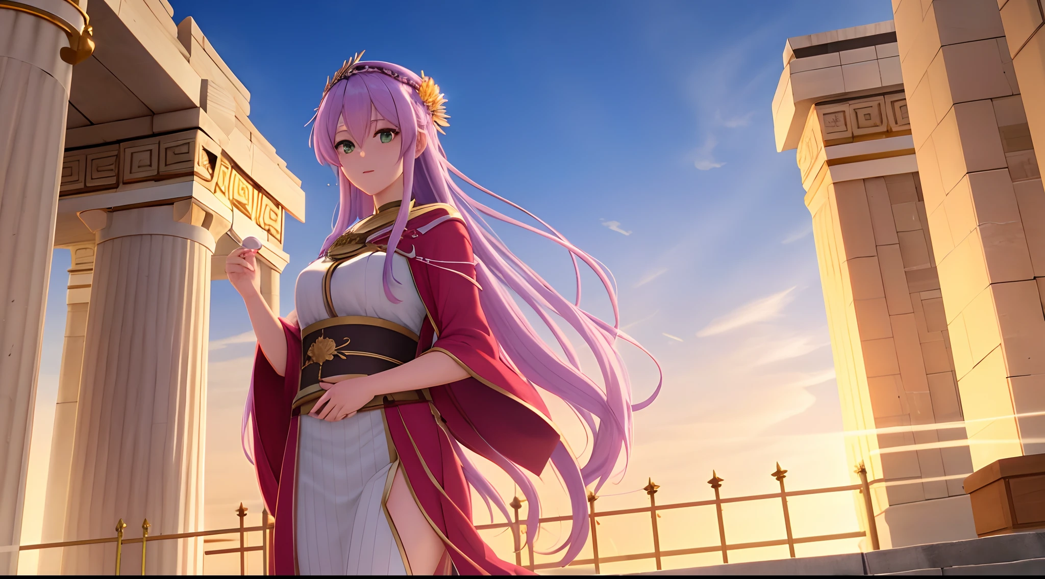 Athena with plain long light purple hair,hair between eyes,green eyes,rosy cheeks,full lips,thin eyebrows,slender body,wearing ethereal red robe and full long skirt,cute anime girl,full body,golden athens temple in background,anime style,Lumen Reflections,Screen Space Reflections,Diffraction Grading,Chromatic Aberration,GB Displacement,Scan Lines,Ray Traced,Anti-Aliasing,FXAA,TXAA,RTX,SSAO,Shaders,OpenGL-Shaders, GLSL-Shaders,Post Processing,Post-Production,cell Shading,Tone Mapping,CGI,VFX,SFX,insanely detailed and intricate, 4K,standing, solo, masterpiece, best quality, detailed face, detailed eyes, highres, standing, solo,masterpiece, best quality