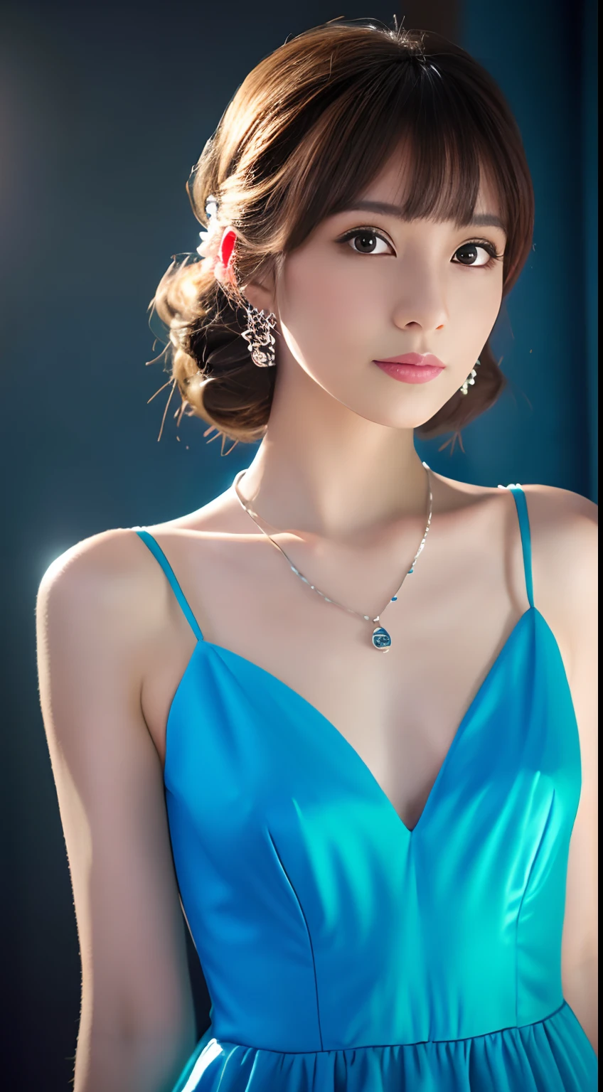 Best Quality, masutepiece, High resolution, 1girl in, Satin Dresses, Hair Accessories, Necklace, Jewelry, Pretty Face, On Body, Tindall Effect, Realistic, Shadow Studio, Bright lighting, dual-tone lighting, (High Detail Skins: 1.2), 8K UHD, Digital SLR, Soft light, High quality, Volume Light, Sneak Shots, Photo, High resolution, 4K, 8K, Background blur,Thin and slightly blue dress，fullbody image，