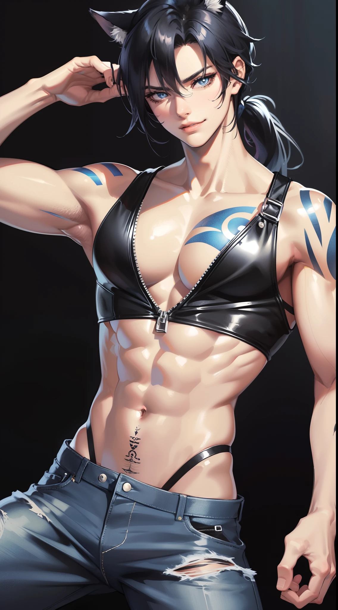 Grown-up guy, Short black hair with blue strands, high ponytail, cat ears, blue eyes, musculature, smirk, black tank top, Jeans, fetters, Silver elements, tattoo, Scars, Blue Flame, zipper, Masterpiece, hiquality, 4k, HD, Good detail