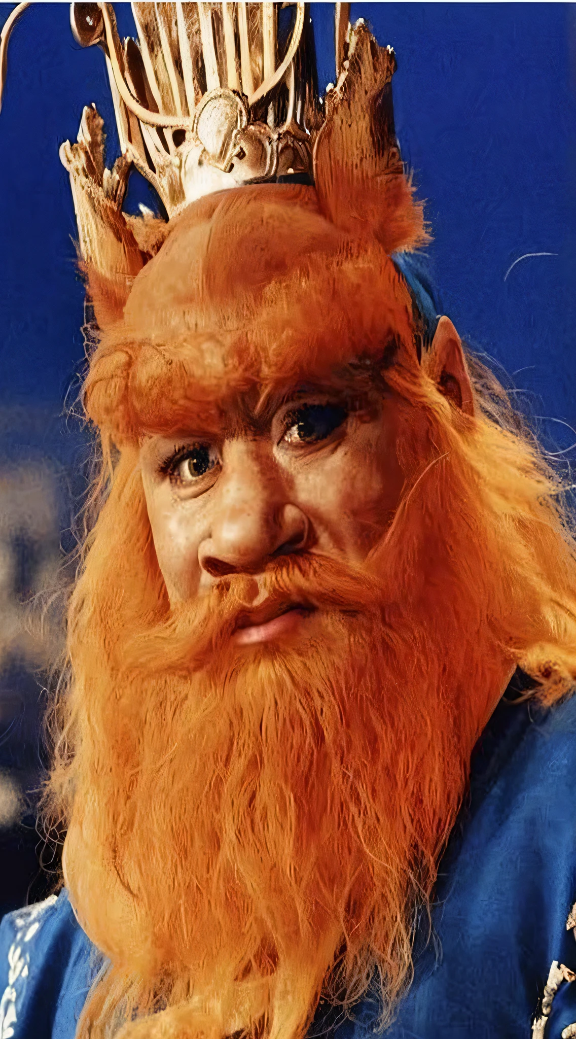 Close-up of a bearded man wearing a crown, Reddish beard, Red beard, super realistic gritty, an old man with a ginger beard, large nose,grittiness!!!, as an atlantean, grittiness, lionel messi(Lionel Messi)As a puppet, dwarf, Grit coloring, An image of resilience, giga chad capaybara, messi as a viking