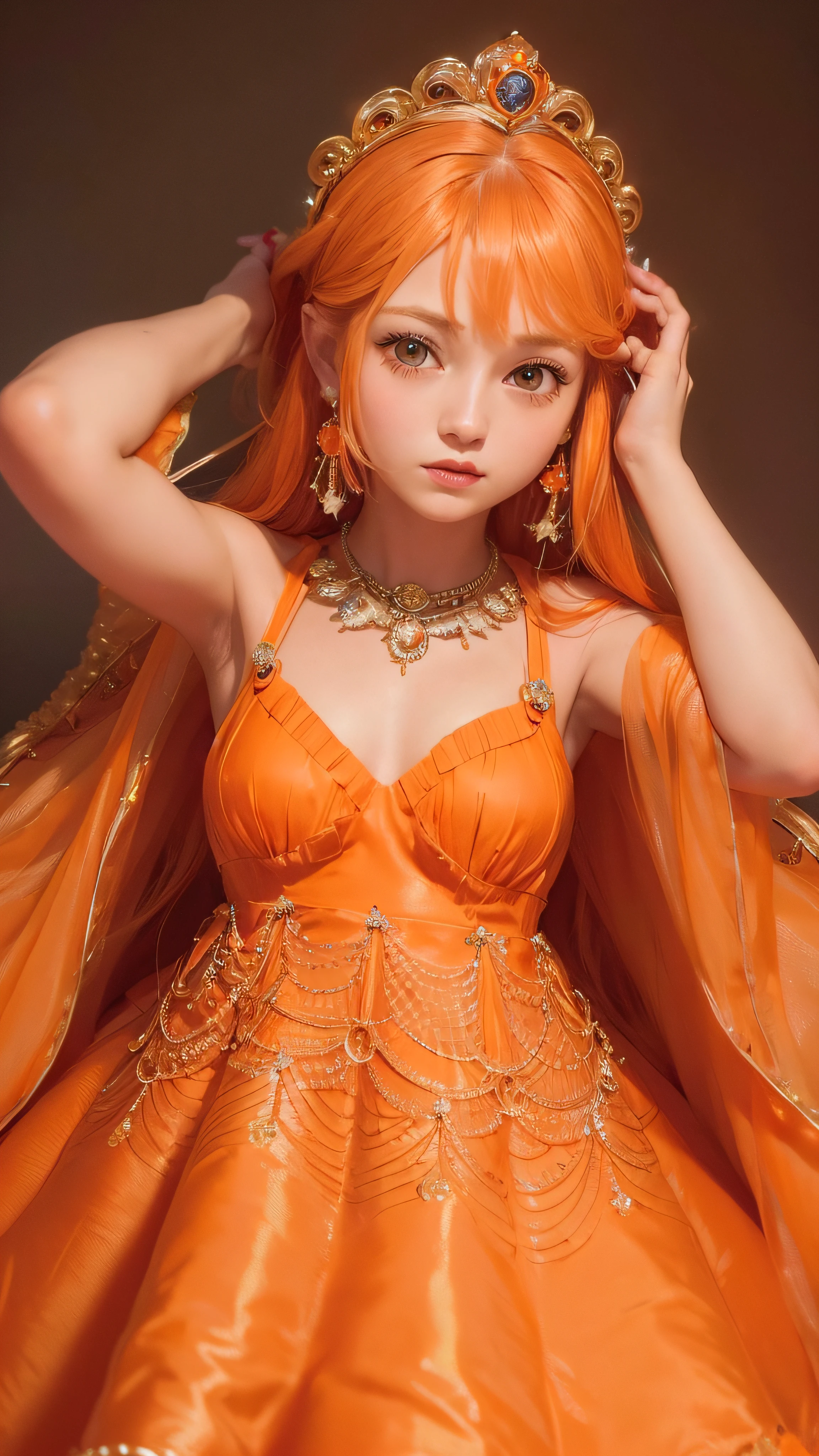 4K ulta hd, masterpiece, 1 girl, good face, very long hair, hair ornament, light makeup, detailed eyes, small round breast, ultra detailed clothes, (orange princess dress:1.5), lace:1.5, (shining dress:1.8), strap dress, necklace, jewellery, night, attractive poses,