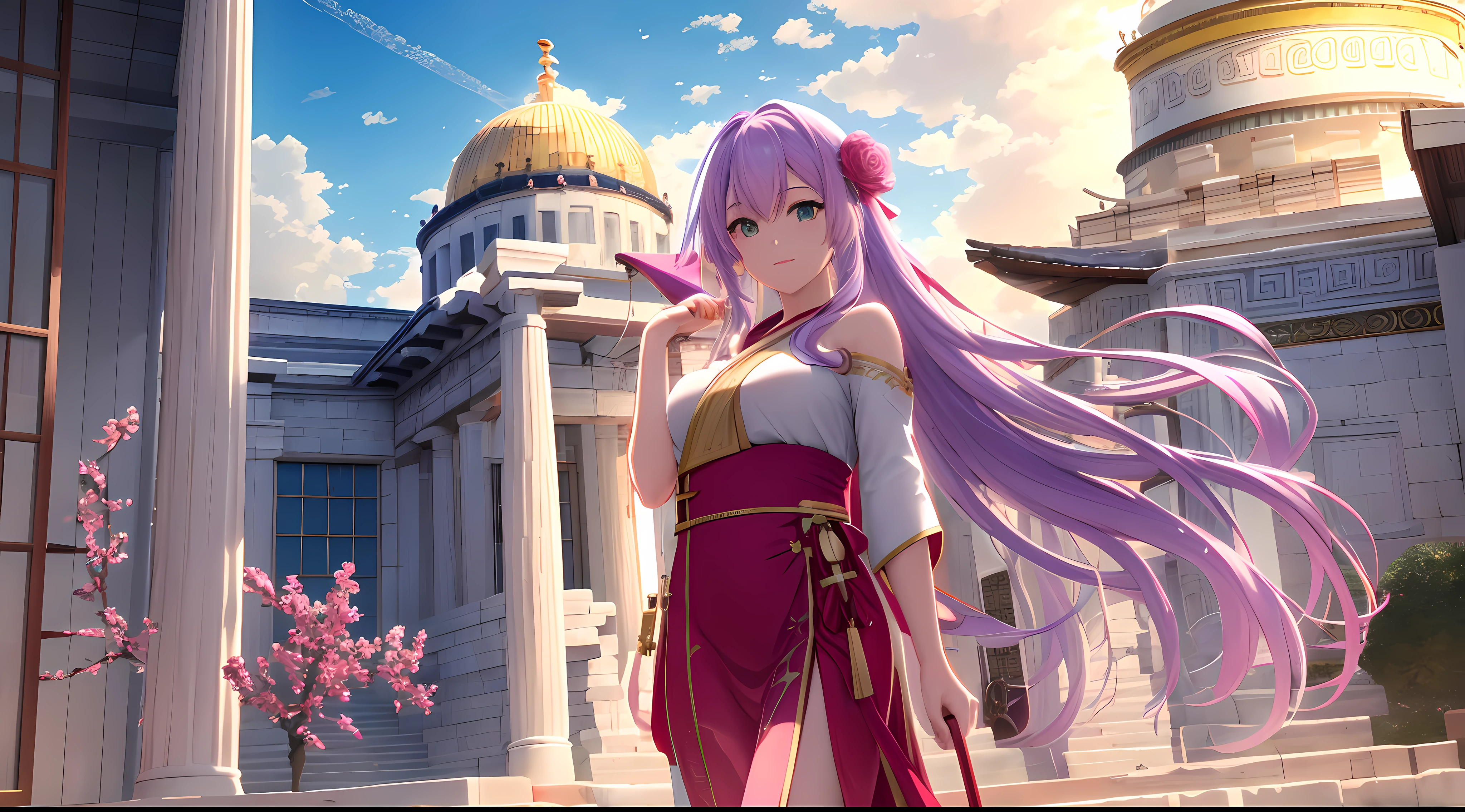 Athena with plain long light purple hair,hair between eyes,green eyes,rosy cheeks,full lips,thin eyebrows,slender body,wearing ethereal red robe and full long skirt,cute anime girl,full body,golden athens temple in background,anime style,Lumen Reflections,Screen Space Reflections,Diffraction Grading,Chromatic Aberration,GB Displacement,Scan Lines,Ray Traced,Anti-Aliasing,FXAA,TXAA,RTX,SSAO,Shaders,OpenGL-Shaders, GLSL-Shaders,Post Processing,Post-Production,cell Shading,Tone Mapping,CGI,VFX,SFX,insanely detailed and intricate, 4K,standing, solo, masterpiece, best quality, detailed face, detailed eyes, highres, standing, solo,masterpiece, best quality