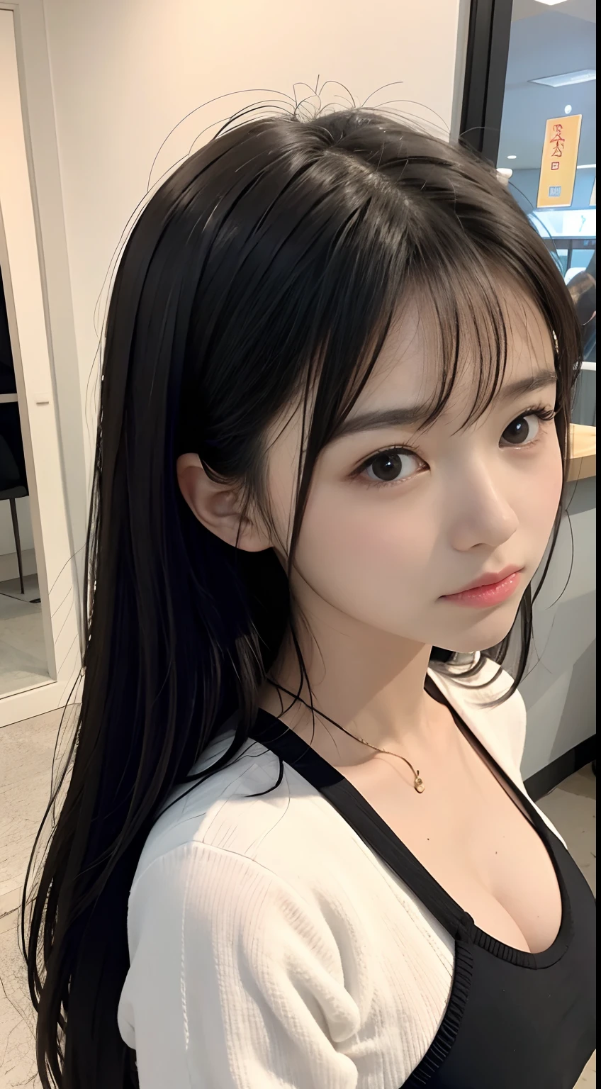 Top image quality、​masterpiece、Beautuful Women、japanes、25-years old、Full body、On the train、（masuter piece：1.3）、（in 8K、Photorealsitic、Raw photography、top-quality：1.4）、（girl with）、Beautiful expression、（Lifelike face）、（A dark-haired、Realistic eyes beautiful details、（real looking skin）、Brown bra、shiny_Hada、cleavage、absurderes、enticing、ultra res、A hyper-realistic、high detal、the golden ratio、Straight face、long、Loose perm、Beautiful Japan Woman、(The whole body is reflected、frontage)