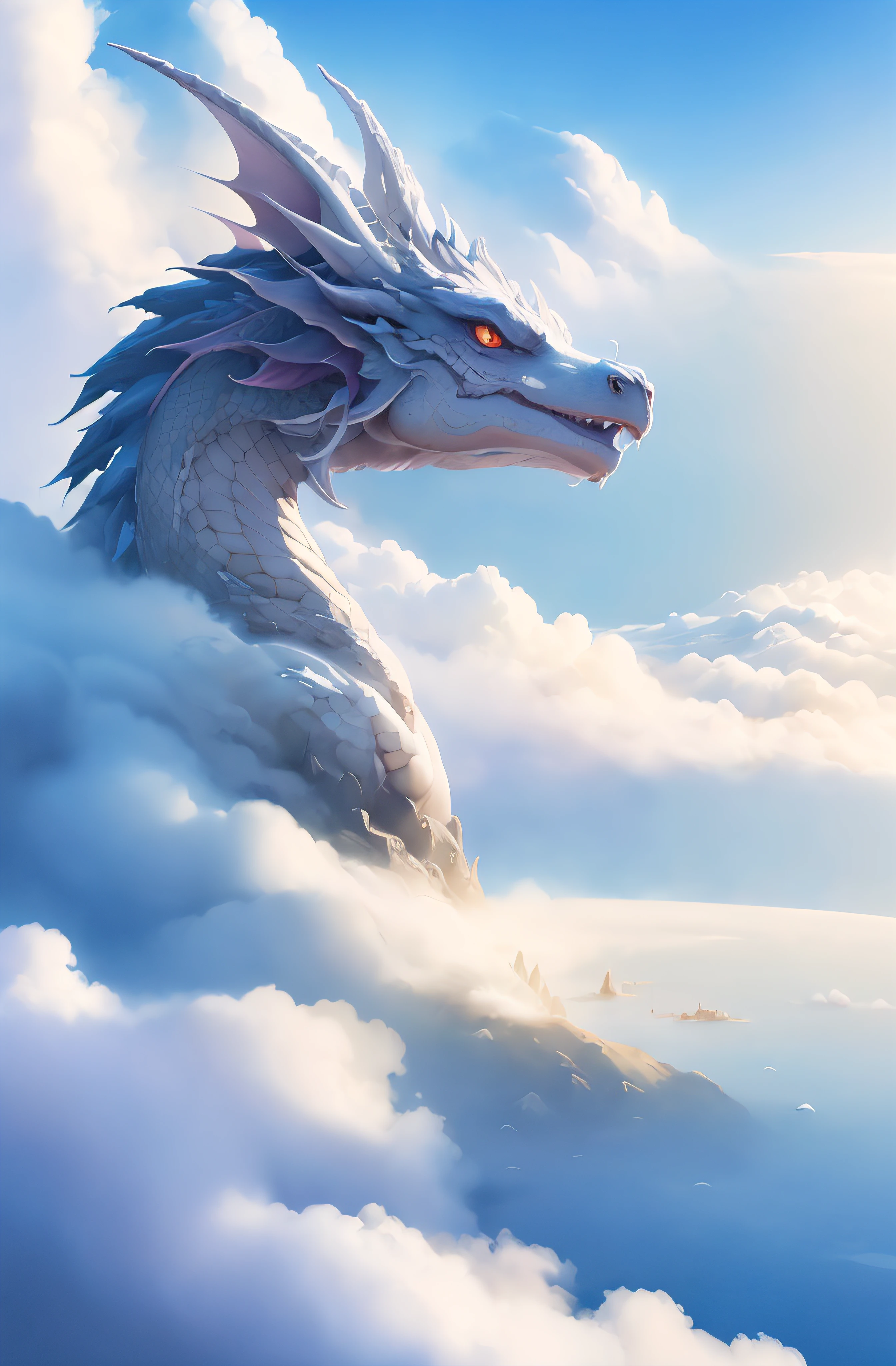 there is a dragon that is sitting on a cloud in the sky, a dragon made of clouds, dragon portrait, dragon in the sky, portrait of a dragon, cloud in the shape of a dragon, dragon flying in the sky, dragon flying in sky, dragon art, giant dragon flying in the sky, epic dragon, soft delicate draconic features, anthro dragon art, detail