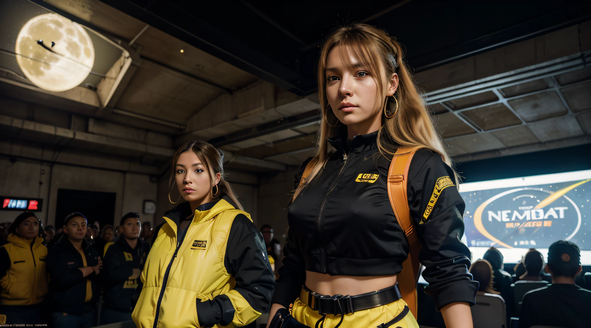 best quality, highres, solo, blonde hair, a female character is wearing a yellow and black colored outfit with a backpack and a yellow vest, dark black and yellow, sports leisure, blue eyes, long hair, hoop earrings, cybernetically enhanced, chunky cuban link jewelry, medium breasts, she is standing in front of a moon base with spaceships and moon rovers, pigeoncore, neo-dadaist, Asuka, neon genesis EVA suit, mechanized precision, audience member, she is taking place in daytime, in the style of mecha sci-fi anime