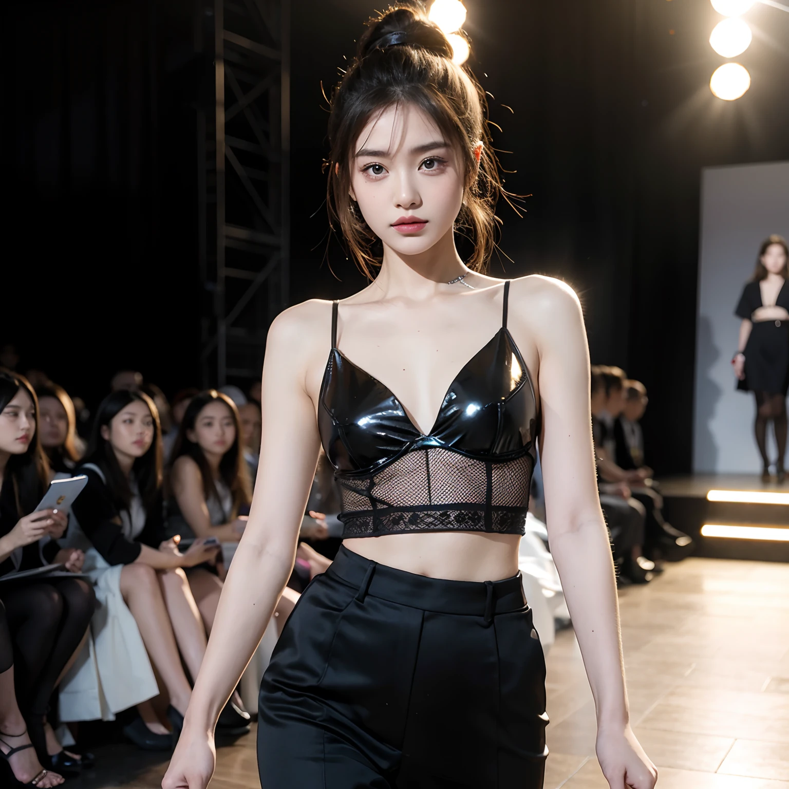 mix4,smbhot,denim skirt,Capture the glamorous scene of a woman strutting down the runway at a high-end fashion show. The scene should be hyper-realistic, with a high level of detail and resolution. The model should be the central focus, her confident stride and stylish outfit capturing the attention of the audience. The lighting should be bright and direct, casting dramatic shadows and highlighting the intricate details of her outfit. The colors should be vibrant and varied, with the model's outfit contrasting with the sleek, minimalist design of the runway. The composition should be a wide shot, capturing the full scope of the runway and the audience. Use a high-quality camera with a fast shutter speed to capture the action in sharp detail,