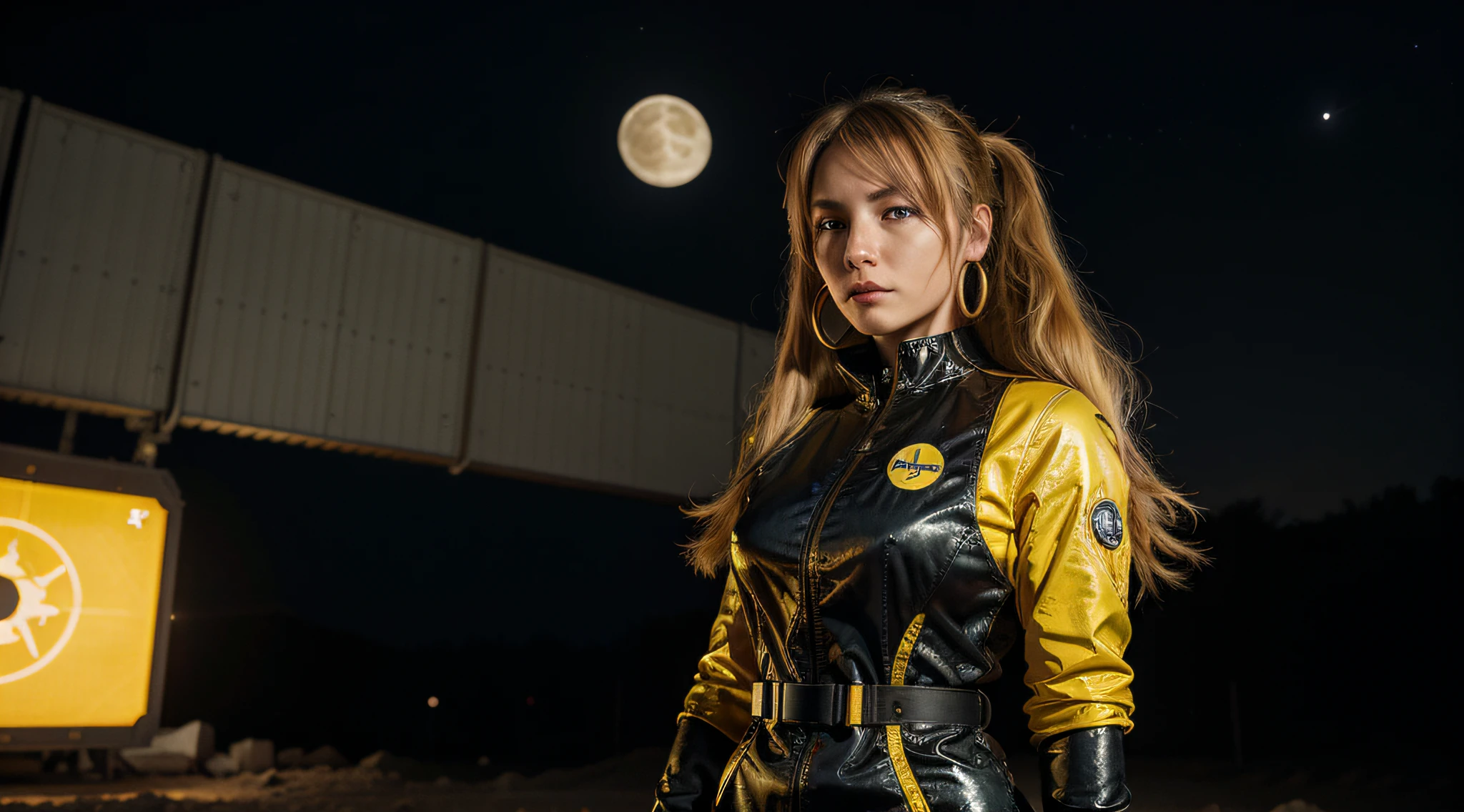 best quality, highres, solo, blonde hair, a female character is wearing a yellow and black colored outfit with a backpack and a yellow vest, dark black and yellow, sports leisure, blue eyes, long hair, hoop earrings, cybernetically enhanced, chunky cuban link jewelry, medium breasts, she is standing in front of a moon base with spaceships, satellites and moon rovers, starry night sky, pigeoncore, neo-dadaist, Asuka, neon genesis EVA suit, mechanized precision, space crew member, she holds an important position, in the style of mecha sci-fi anime