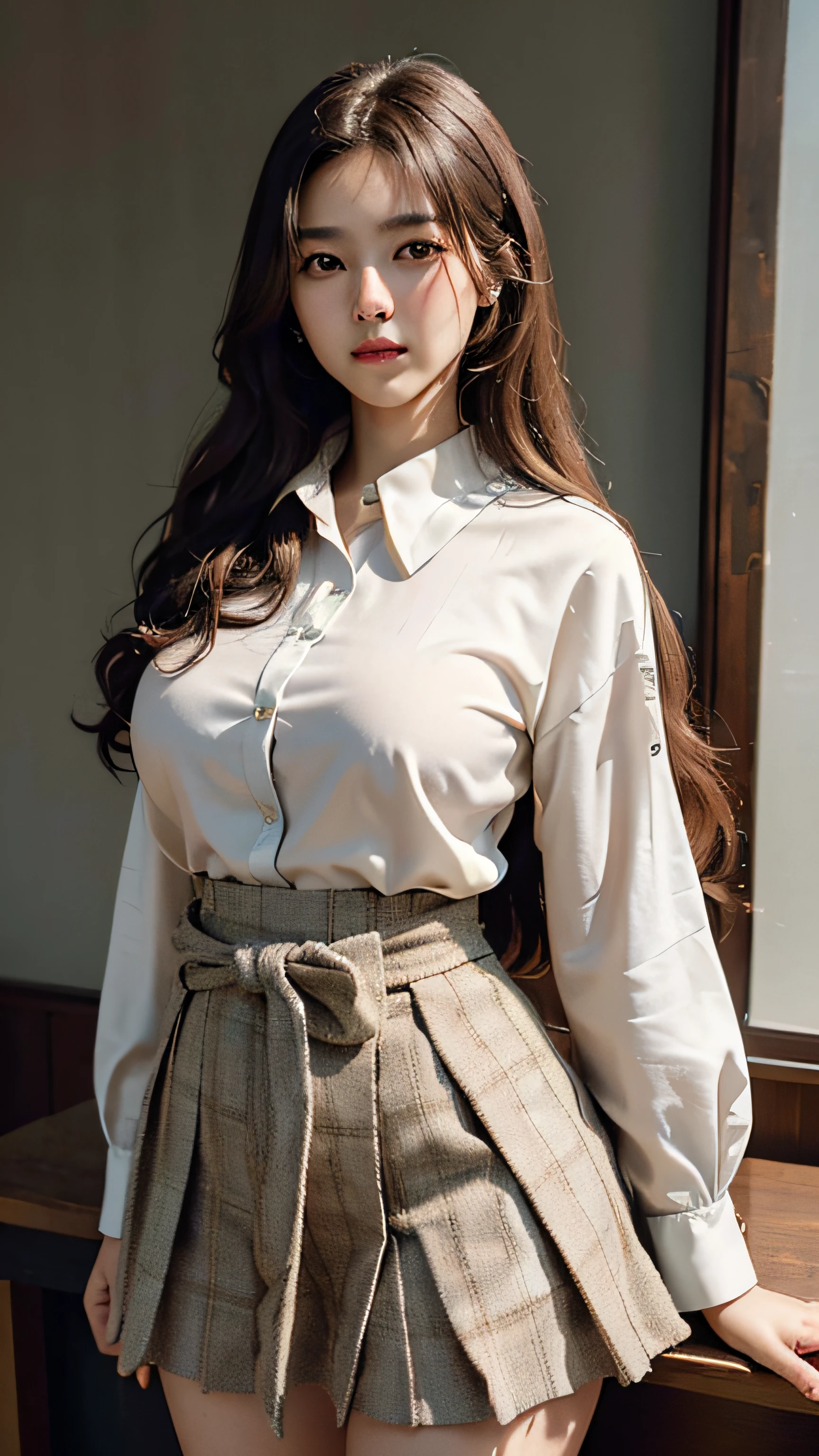 ((Beautiful girl from Japan:1.3))((High School Girl Uniform:1.4))((Brown-colored super long hair:1.2))((Loosely curled hair:1.2))((FULL BODYSHOT:1.7))((pantyshot:1.5))((highschool)),((Check tweed wrap skirt:1.3)) ((in class room:1.3)) ((Thick_textile:1.4)) ((Random sexy poses:1.3)) ((medium chest:1.1)) ((Brown silk blouse:1.4)),(((The buttons on the blouse are unbuttoned up to the second button)))((Arching the chest))((kindly smile:1.2))((close-up:1.2)) Best Quality,masutepiece,超A high resolution,(Photorealistic:1.4),Raw foto,(Authentic skin texture:1.3),(Film grain:1.3),the panorama,Character Portrait,Very Wide Shot,((big breasts thin waist:1.2)),Cowboy Shots,(Darkin, deepshadow, lowkey, cold light,) natta,(()),Streaming Tears,,Dust,Tindall Effect,(expressions),1girl in,beautiful detailed eyes and face,White Jabot,Brown eyes,