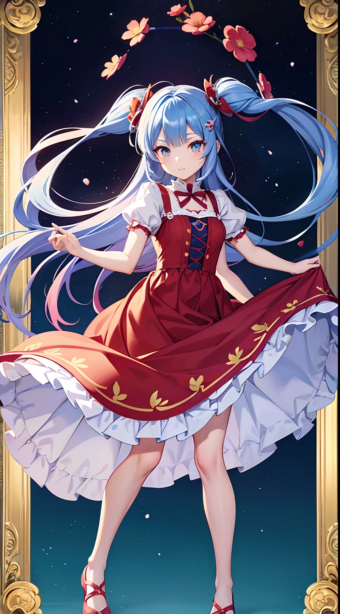 Anime girl in red dress with flowers, Light blue long hair、Twin-tailed、Cute anime waifu in a nice dress, loli in dress, rem rezero, offcial art, Anime princess, Lori, beatrice blue, zerochan art, royal elegant pose, official artwork, splash art anime loli, Pisif, Kushatt Krenz Key Art Women, detailed fan art, Beautiful teenage girl