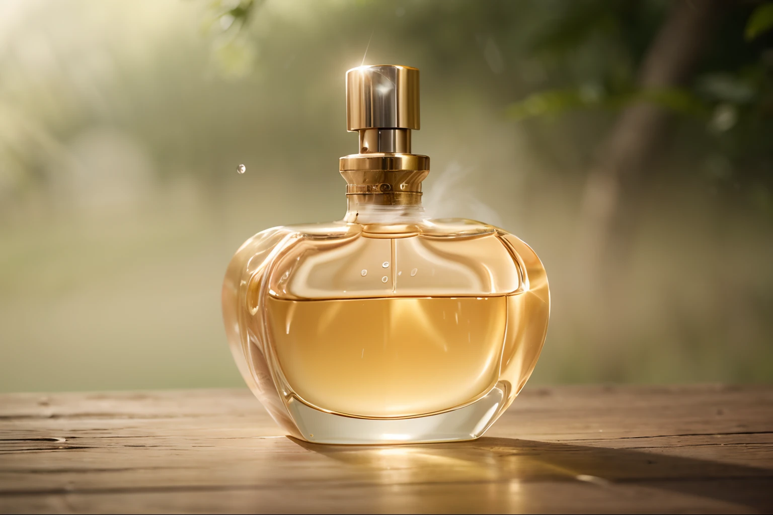 a close up of a bottle of perfume on a white surface, perfume bottle, carrying a bottle of perfume, perfume, antique perfume, oud, floating in perfume, light orange mist, gold mist, smelling good, vintage glow, a blond, opalescent mist, beige mist, high quality product photo, ballard, oscar de la renta, image, tropical forest, (wooden stake:1.3).The white
cosmetics is in the middle of the green forest
with water droplets on it. grass:1.5 ,leaves:1.4 ,no
people,plants,trees,many flowers:1.66,moss,dead trees,lotus
pool,perfume, cosmetics, essential oil