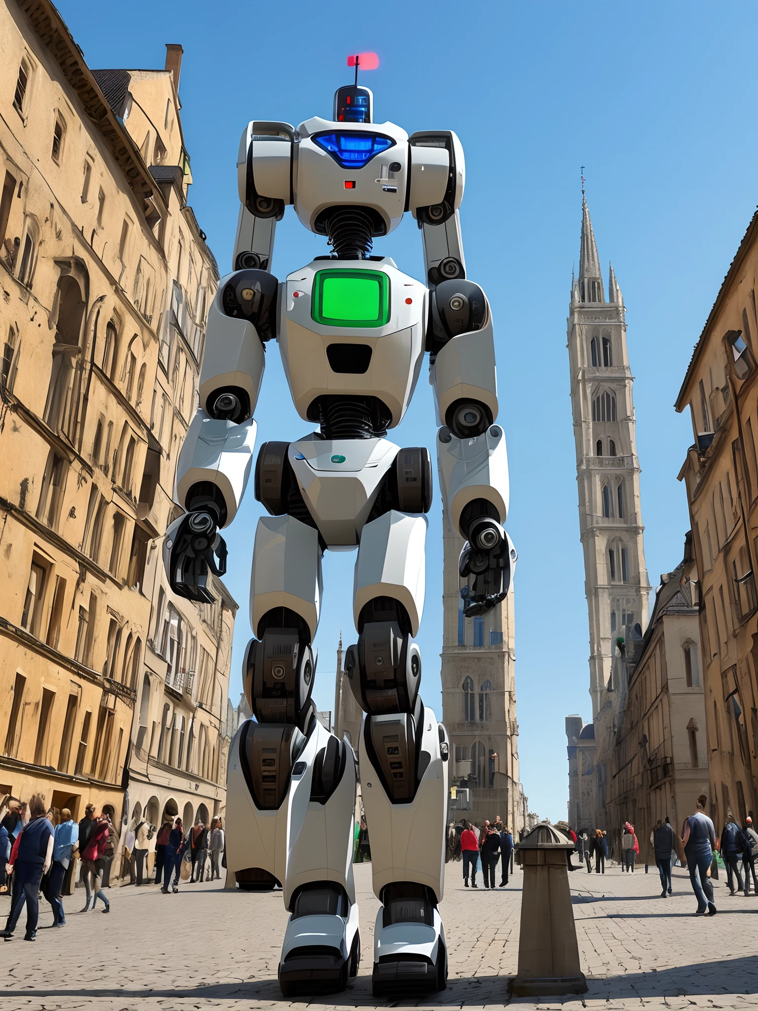 Medieval cityscape in the background
A high-performance robot about 10 meters tall in the silver Middle Ages, where green light leaks out from a gap in the carapace