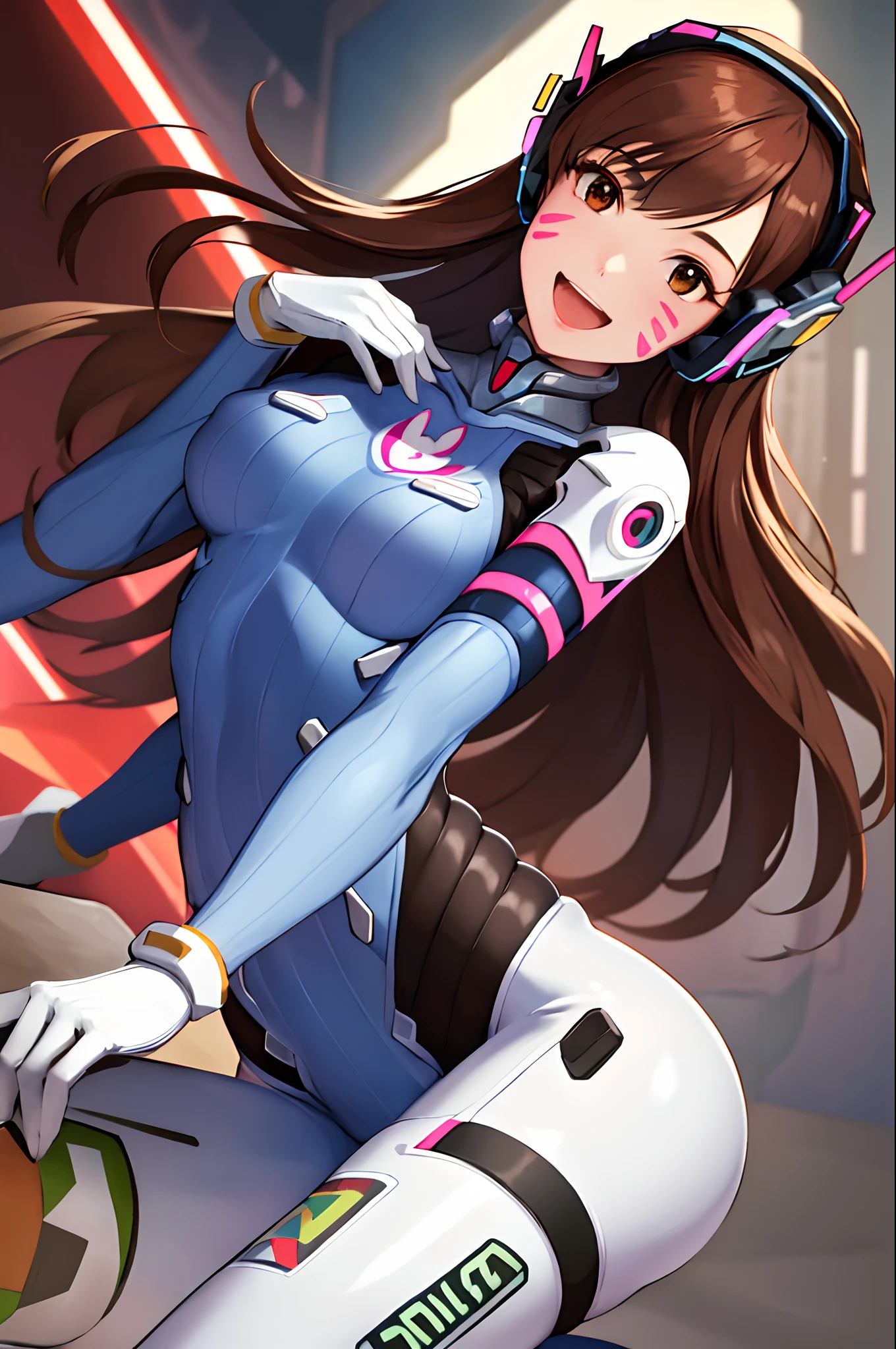(D.va (Overwatch):0.8), girl cums out, 1 girl and 1 boy, girl put boy's penis into her pussy, girl having a sex with boy, nsfw, can see girl's bare breast and pussy, no underwear, no bra, no panties, beautiful detailed face, very large breasts, seductive look, best quality, ultra detailed, detailed eyeasterpiece, best quality, highres:1.2), (photorealistic:1.2), (intricate and beautiful:1.2), (detailed light:1.2), (soft lighting, side lighting, reflected light), (colorful, dynamic angle), light passing through hair, (perfect skin), peace sign, Long hair, whisker markings, torn tightsuit, Brown hair, face markings, Brown eyes, ribbed pilotsuit, d.va's Earphone, White gloves, sweeping bangs, skin tight, Animal print, bangs, Bunny print, Ribbed one-piece tights, facepaint, Pink lips, detailed eyes, perfect iris, night, cyberpunk , pink and blue neon lamp