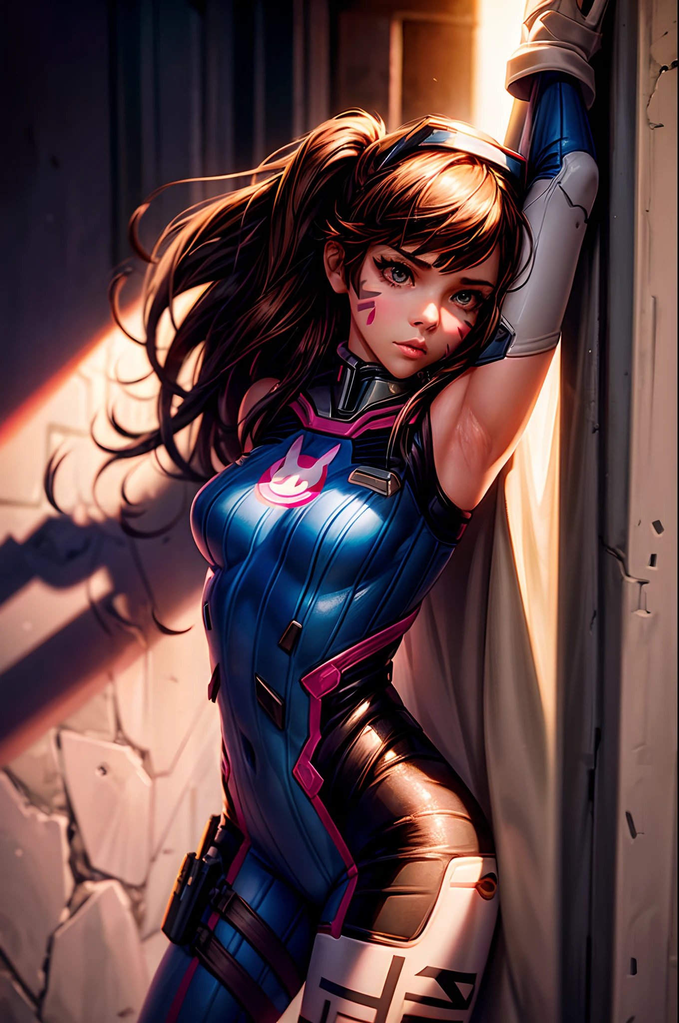 1girll, (D.va (Overwatch):0.8), Solo, Long hair, whisker markings, tightsuit, Brown hair, face markings, mitts, Breasts, Brown eyes, pilotsuit, Cowboy shot, Earphone, White gloves, Medium breasts, sweeping bangs, skin tight, Animal print, bangs, Bunny print, Ribbed one-piece tights, facepaint, Pink lips, leaning back against the wall, holding gun, Serious look, questionable, caring, investigative, Dark Alley, Night, Night sky, Red light, (Silhouette, hard light:1.2),