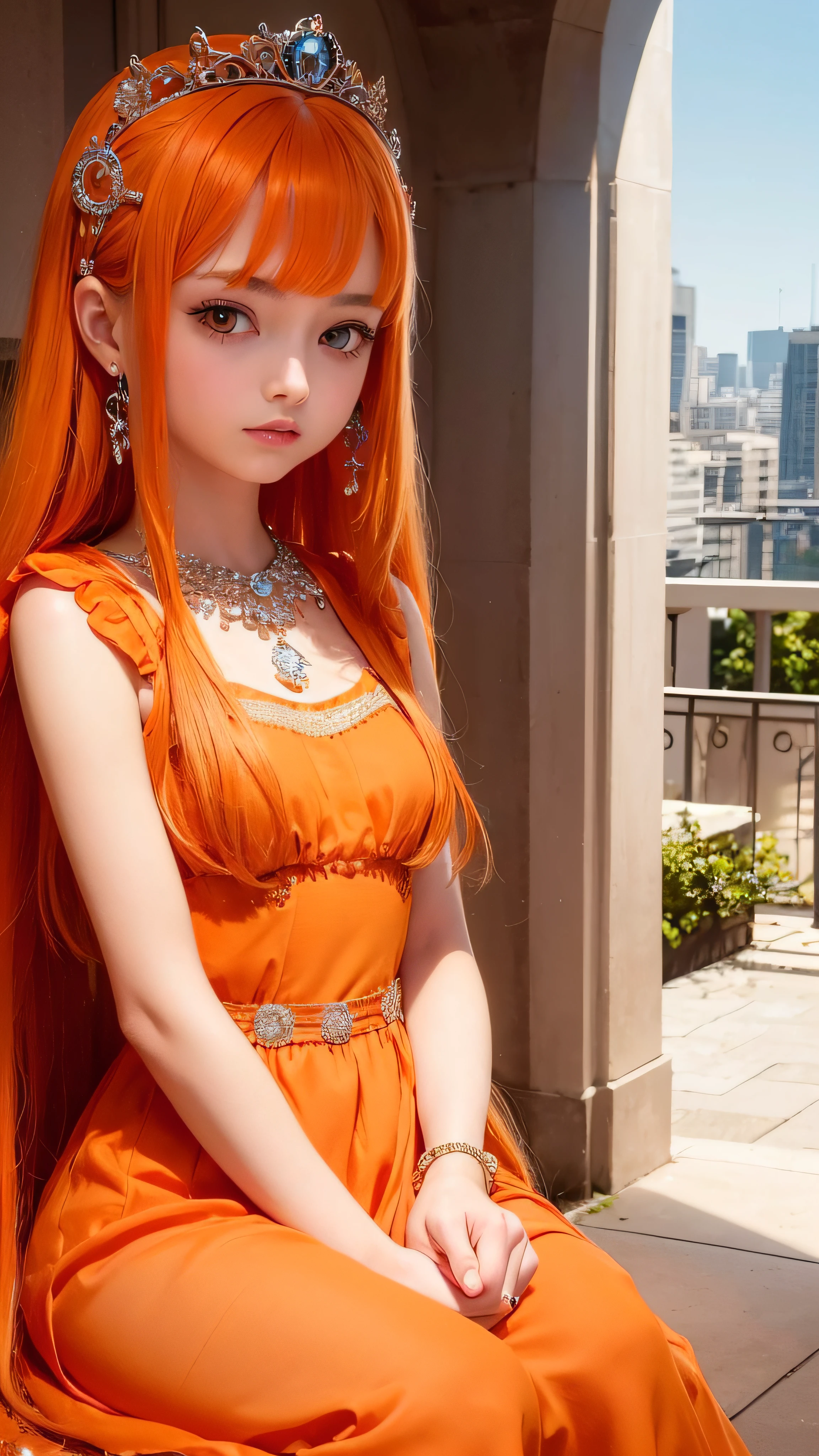 4K ulta hd, masterpiece, 1 girl, good face, very long hair, hair ornament, light makeup, detailed eyes, small round breast, ultra detailed clothes, (orange princess dress:1.5), lace:1.5, (shining dress:1.8), strap dress, necklace, jewellery, amazing balcony background, sitting,