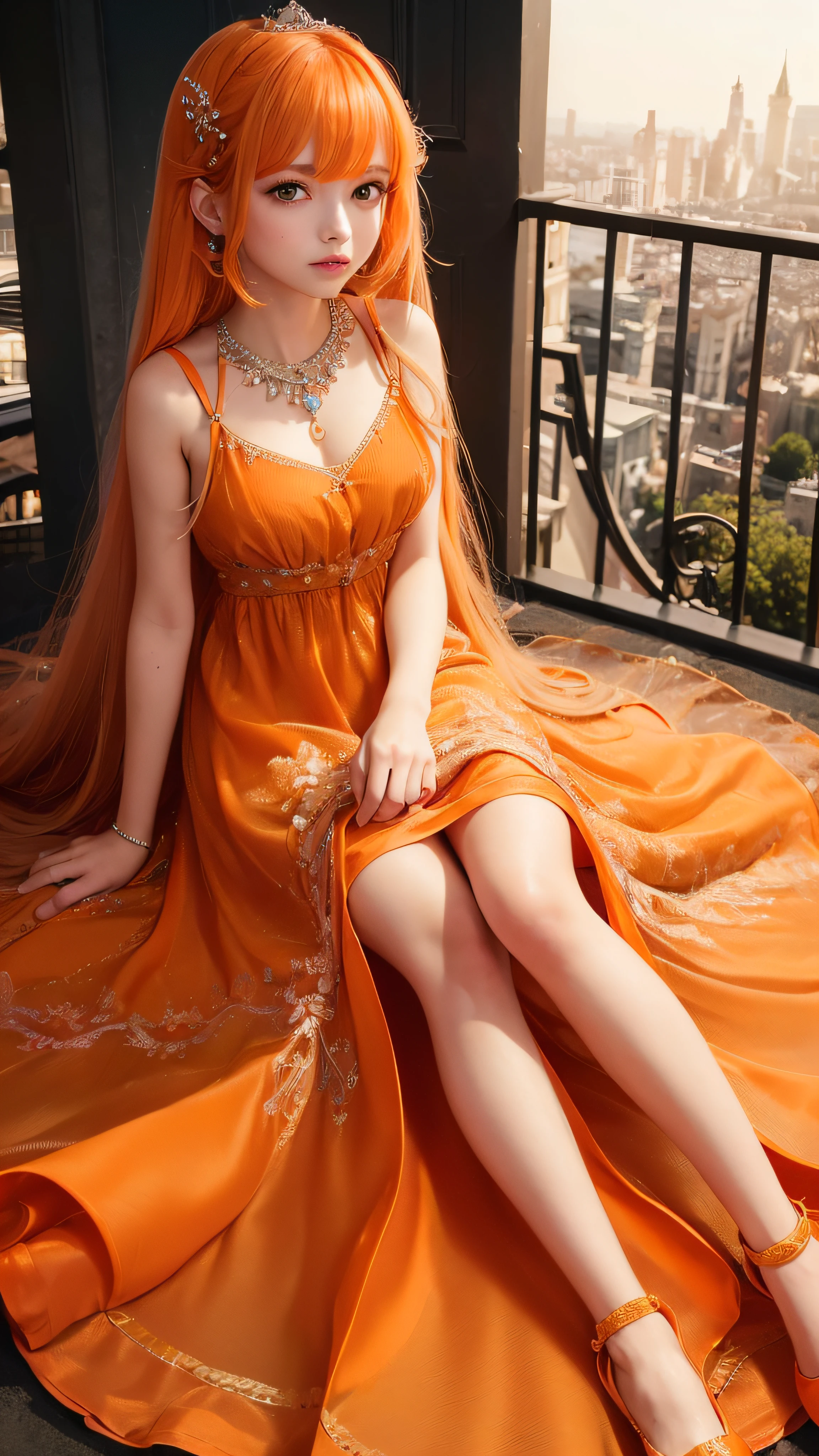 4K ulta hd, masterpiece, 1 girl, good face, very long hair, hair ornament, light makeup, detailed eyes, small round breast, ultra detailed clothes,  (orange princess dress:1.5), lace:1.5, (shining dress:1.8), strap dress, necklace, jewellery, amazing balcony background, sitting,