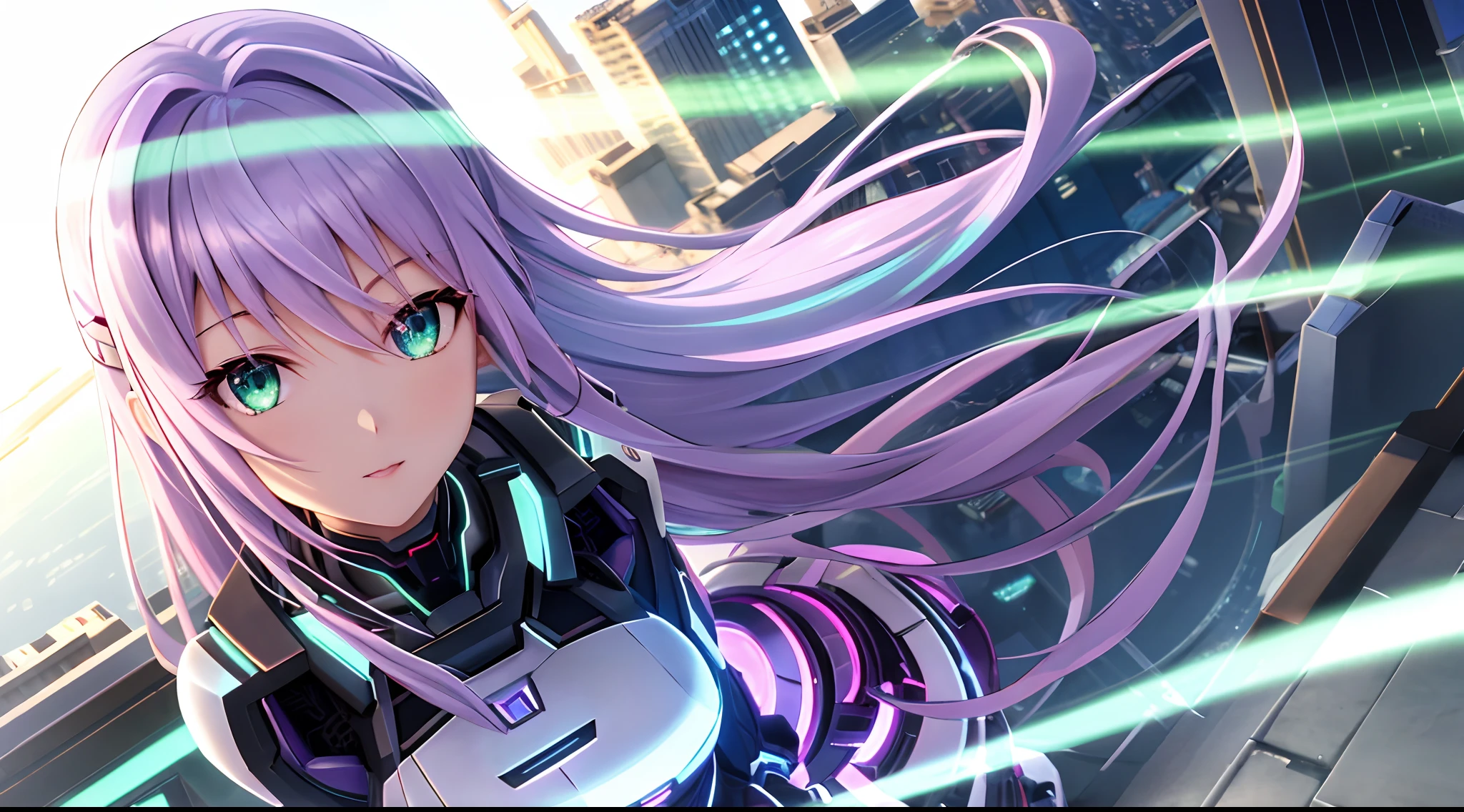 Athena with plain long light purple hair,hair between eyes,green eyes,rosy cheeks,full lips,thin eyebrows,slender body,wearing cybernetic armor and full long skirt,cute anime girl,full body,futuristic city rooftop in background,anime style,Lumen Reflections,Screen Space Reflections,Diffraction Grading,Chromatic Aberration,GB Displacement,Scan Lines,Ray Traced,Anti-Aliasing,FXAA,TXAA,RTX,SSAO,Shaders,OpenGL-Shaders, GLSL-Shaders,Post Processing,Post-Production,cell Shading,Tone Mapping,CGI,VFX,SFX,insanely detailed and intricate, 4K,standing, solo, masterpiece, best quality, detailed face, detailed eyes, highres, standing, solo,masterpiece, best quality