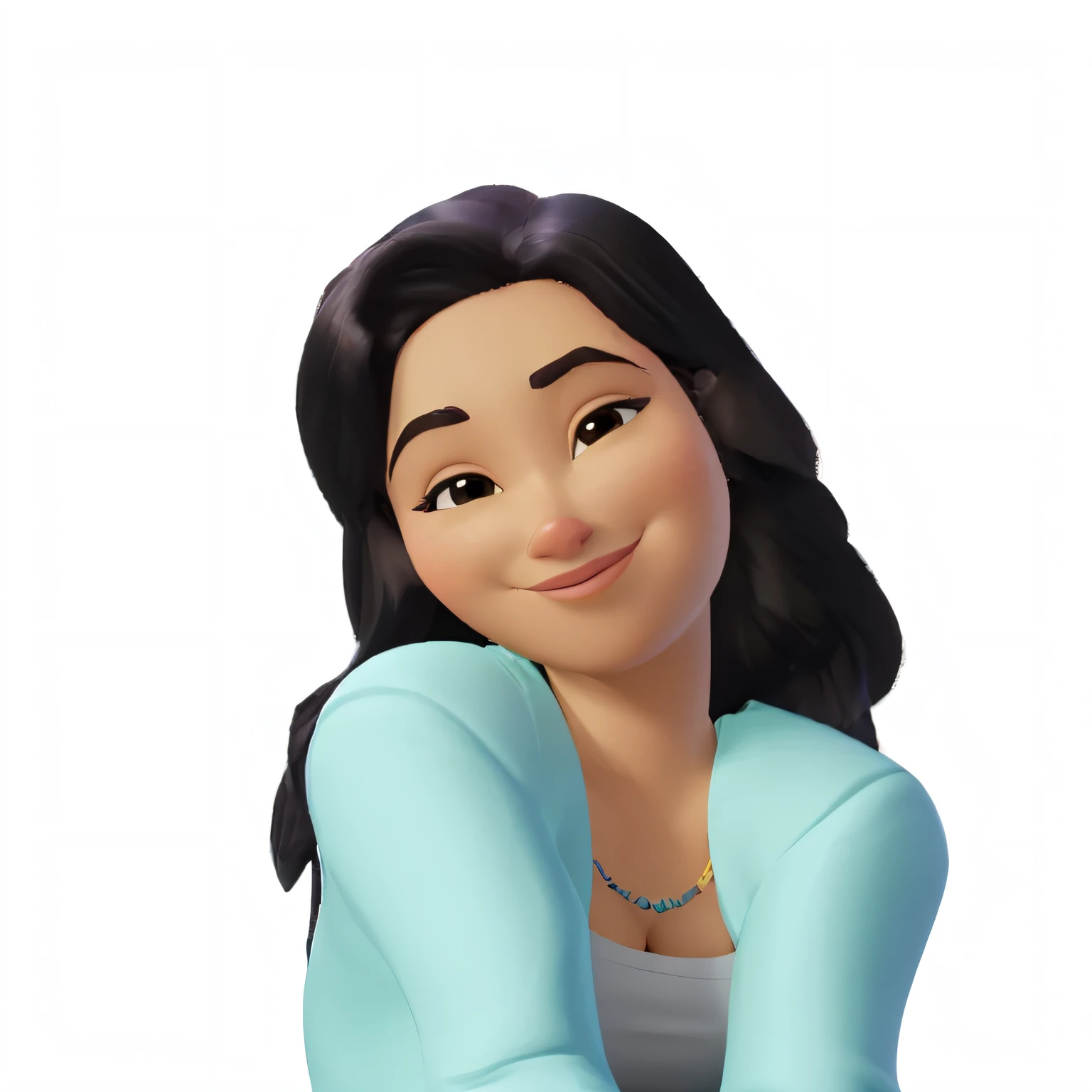 uma mulher morena em estilo disney pixar, alta qualidade, melhor qualidade. blazer azul, Sitting on the floor with a cell phone in her hand.