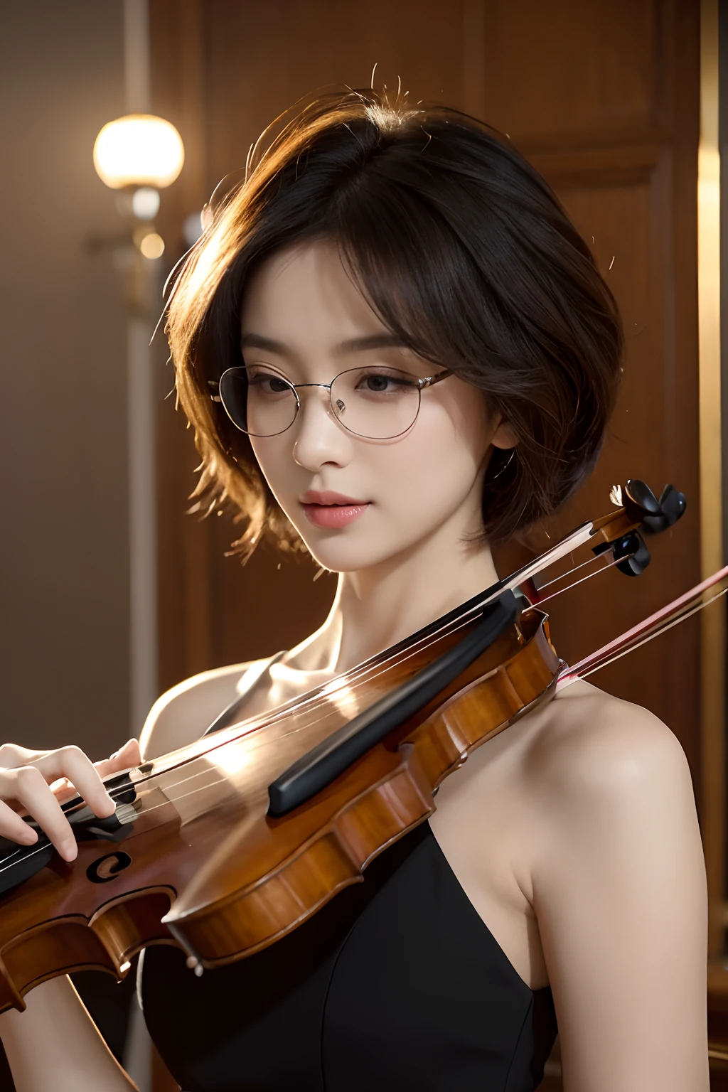 (best quality,ultra-detailed,realistic:1.37),vibrant colors,soft lighting,portrait,curly-haired,Asian girl,with a chic bob haircut, wearing oversized transparent-frame glasses in Ray-Ban style. menia asiatica playing violin, happy gaze towards camera, detailed fingers on strings, elegant posture, classical music performance, soft warm lighting, indoor setting, artistic background, professional violinist, masterful strokes, melodic sound, flowing dress, focused expression, serene atmosphere, talented musician, impressive skill, vibrant notes, graceful movements, captivating performance, passionate music, confident smile, eye-catching stage presence, stunning visual composition, high-quality image, realistic details, vivid colors, professional photography, expressive emotion, harmonic ensemble, symphony orchestra, skilled conductor, exquisite instrument, beautiful sound, refined technique, professional musicians, enchanting atmosphere, mesmerizing melodies, dynamic tempo, magical performance, musical expression. (best quality, highres, ultra-detailed), (photorealistic:1.37), portraits, classical music.