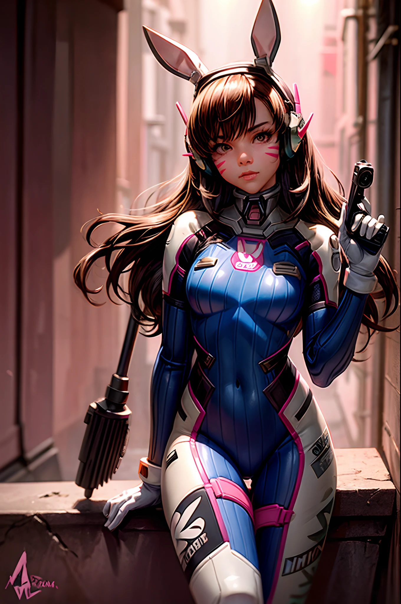 1girll, (D.va (Overwatch):0.8), Solo, Long hair, whisker markings, tightsuit, Brown hair, face markings, mitts, Breasts, Brown eyes, pilotsuit, Cowboy shot, Earphone, White gloves, Medium breasts, sweeping bangs, skin tight, Animal print, bangs, Bunny print, Ribbed one-piece tights, facepaint, Pink lips, leaning back against the wall, holding gun, Serious look, questionable,  caring, investigative, Dark Alley, Night, Night sky, Red light, (Silhouette, hard light:1.2),