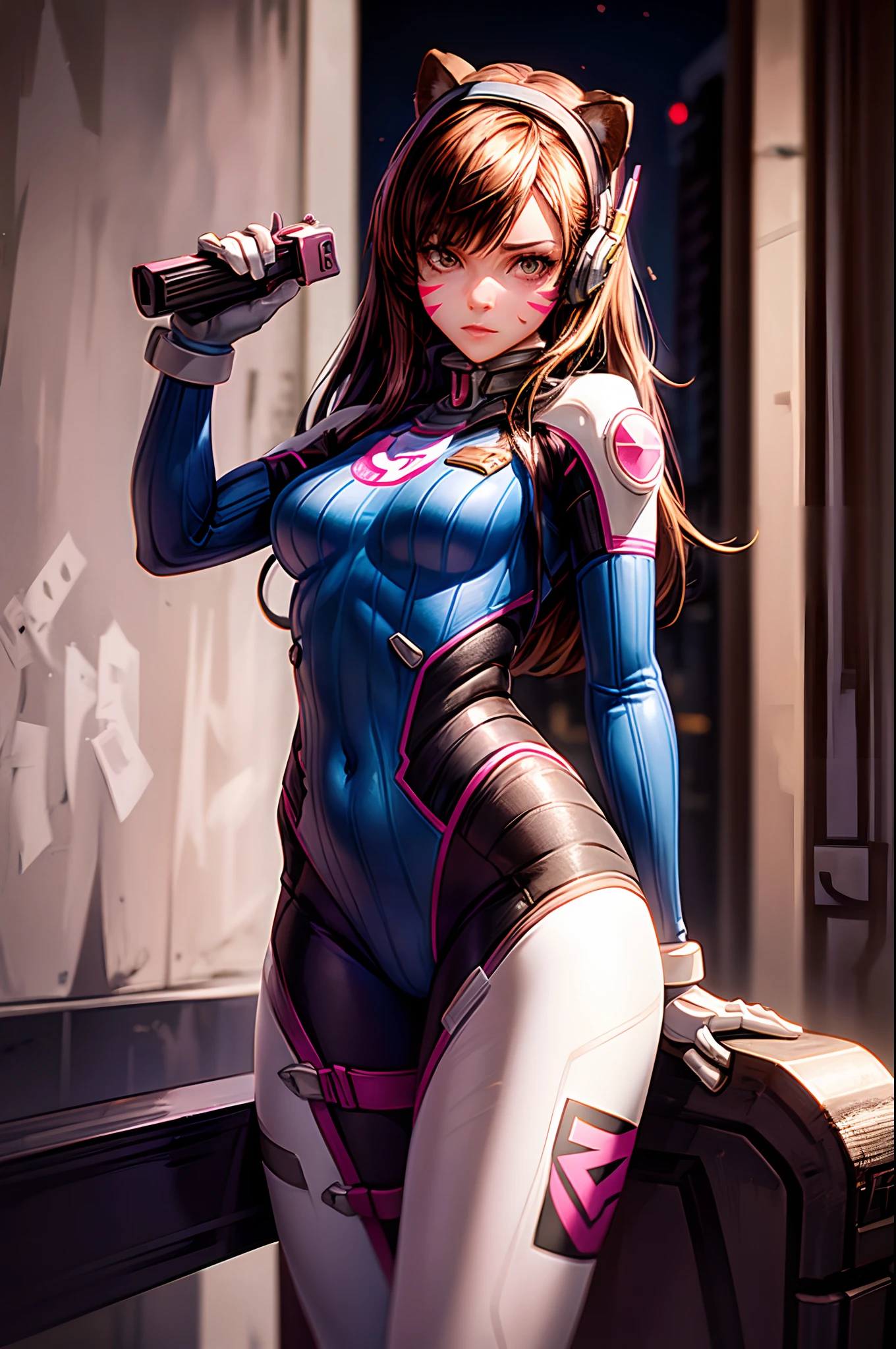 1girll, (D.va (Overwatch):0.8), Solo, Long hair, whisker markings, tightsuit, Brown hair, face markings, mitts, Breasts, Brown eyes, pilotsuit, Cowboy shot, Earphone, White gloves, Medium breasts, sweeping bangs, skin tight, Animal print, bangs, Bunny print, Ribbed one-piece tights, facepaint, Pink lips, leaning back against the wall, holding gun, Serious look, questionable,  caring, investigative, Dark Alley, Night, Night sky, Red light, (Silhouette, hard light:1.2),